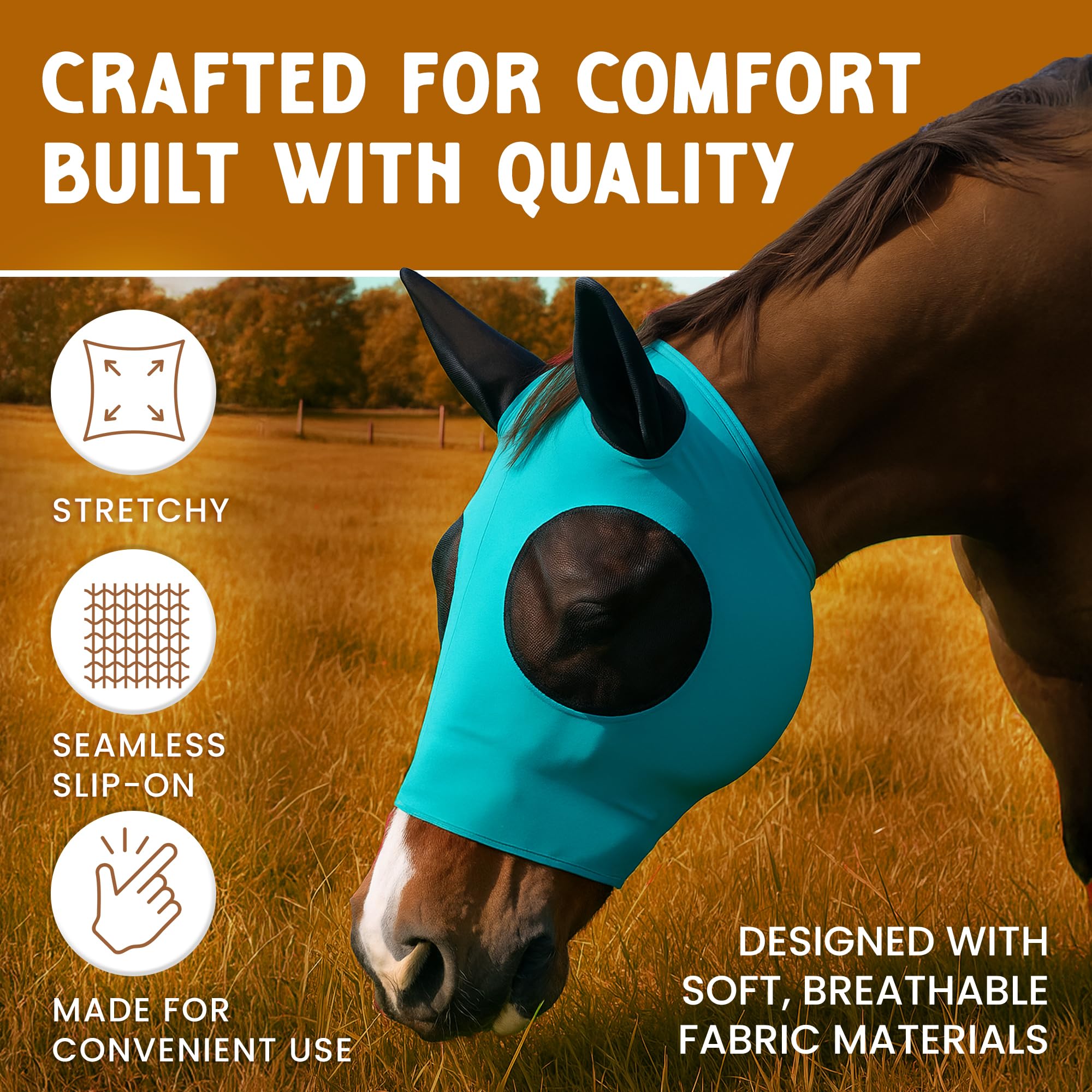 Horse Fly Mask with Ears Comfort Fit Mesh Trail Pasture Sun UV Protection (Arab/Cob/Small Quarter, Navy Blue)
