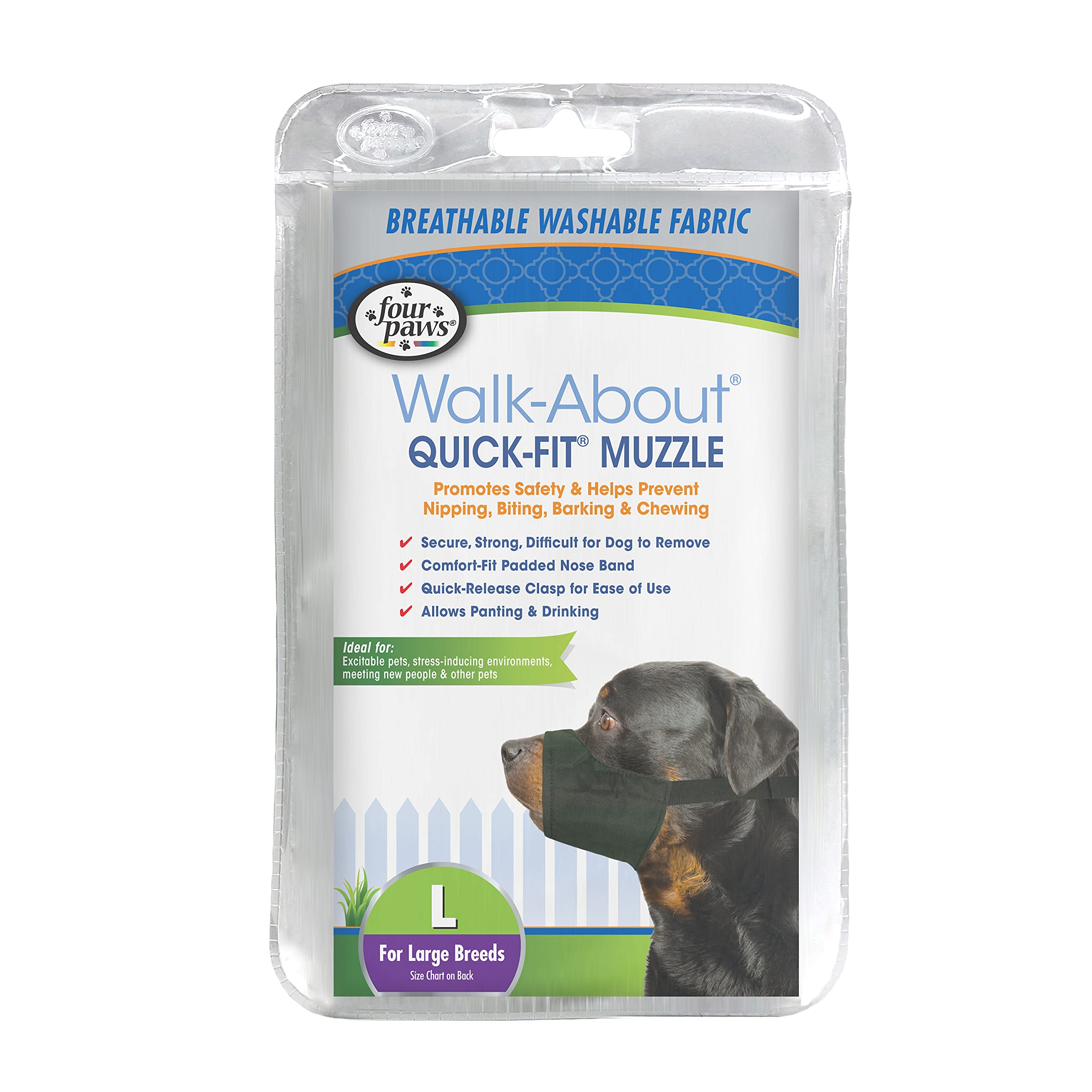 Four Paws Walk-About Quick-Fit Adjustable Dog Muzzle For Large Dogs, Washable & Breathable, Black, 1 Count