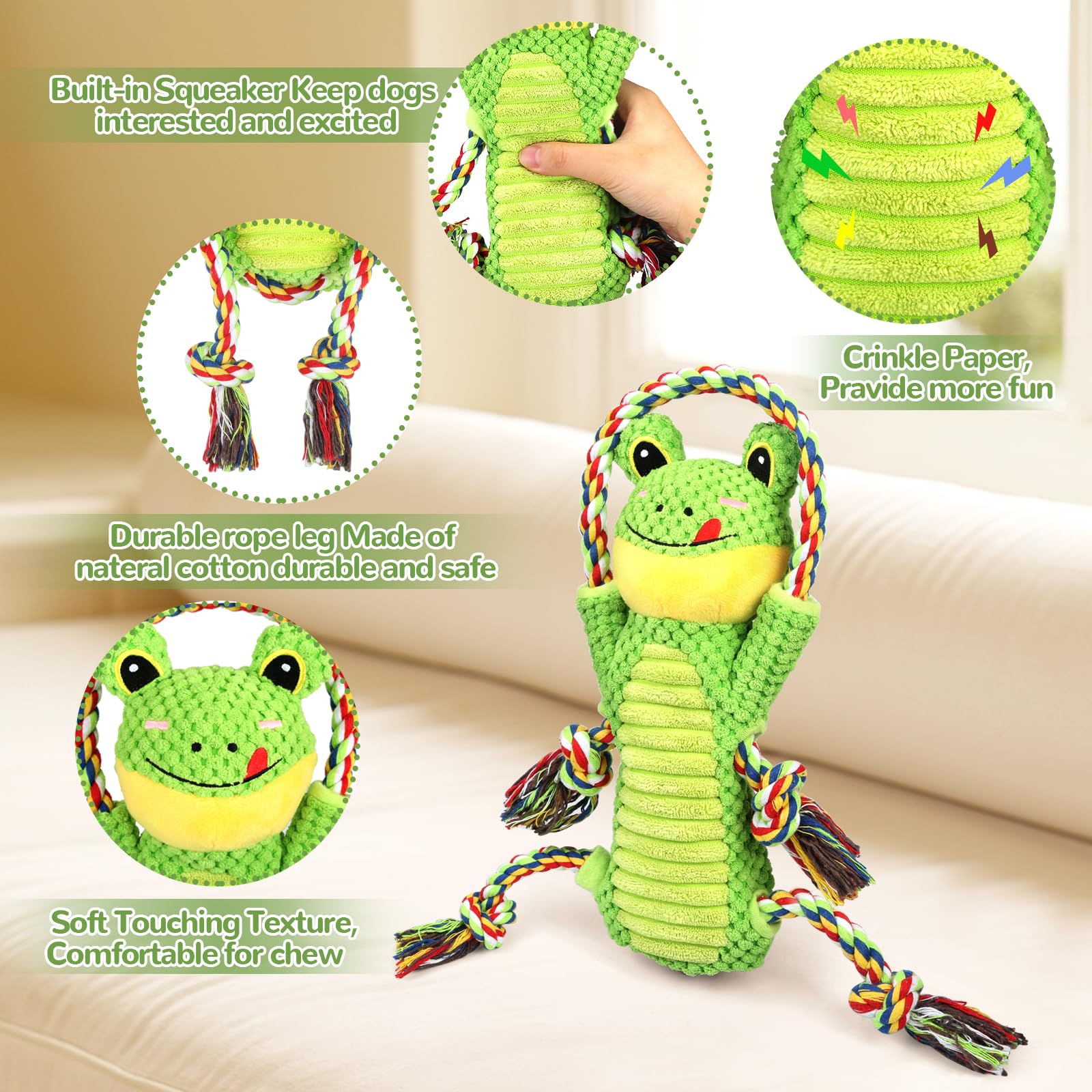 Letsmeet Dog Toys Plush Pet Toy With Crinkle Paper And Ropes, Puppy Toys Interactive Dog Chew Toy For Small, Medium, And Large D