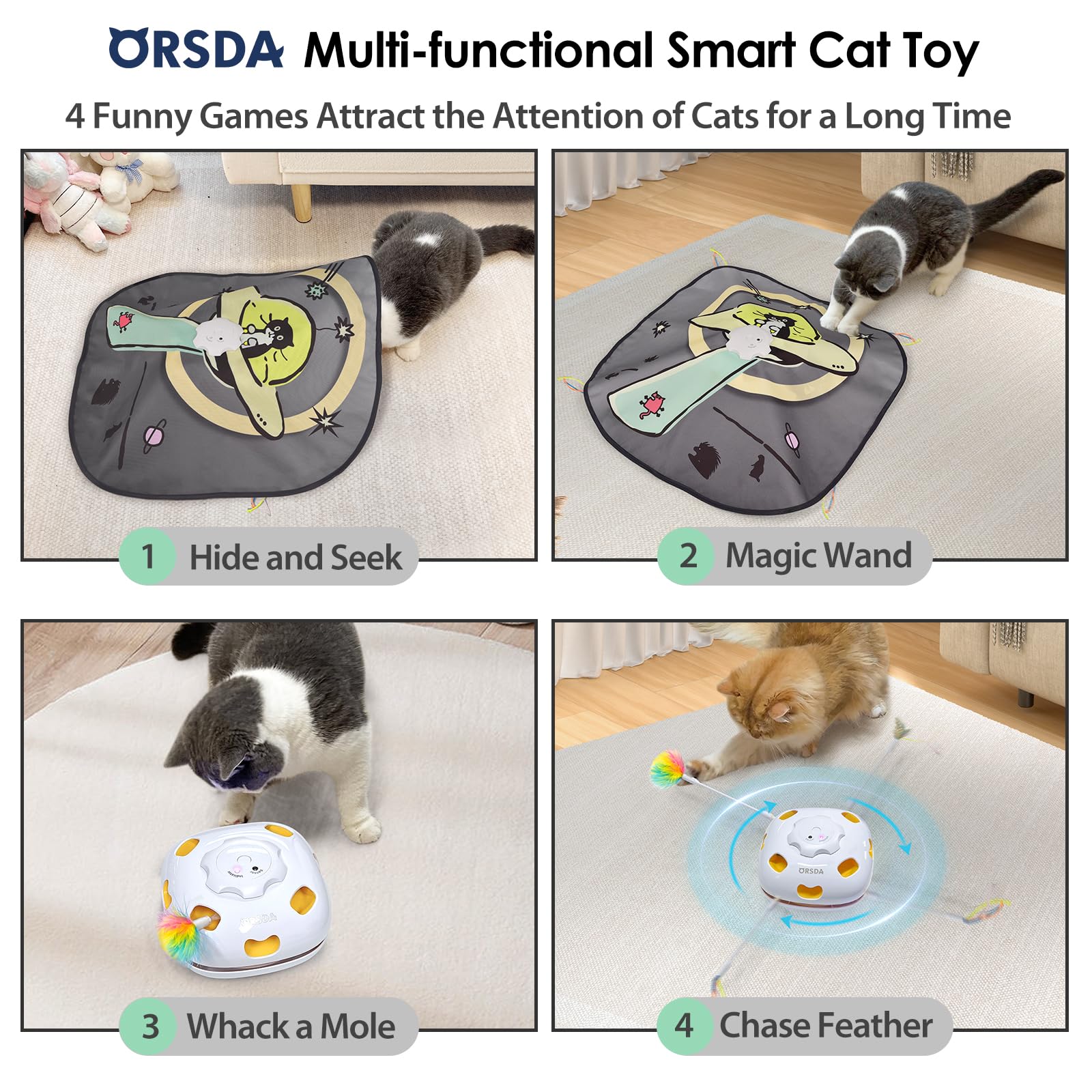Orsda 4 In 1 Interactive Cat Toys - Automatic Cat Toys For Indoor Cats & Kittens, 8 Holes Mice Whack-A-Mole, Hide And Seek Smart