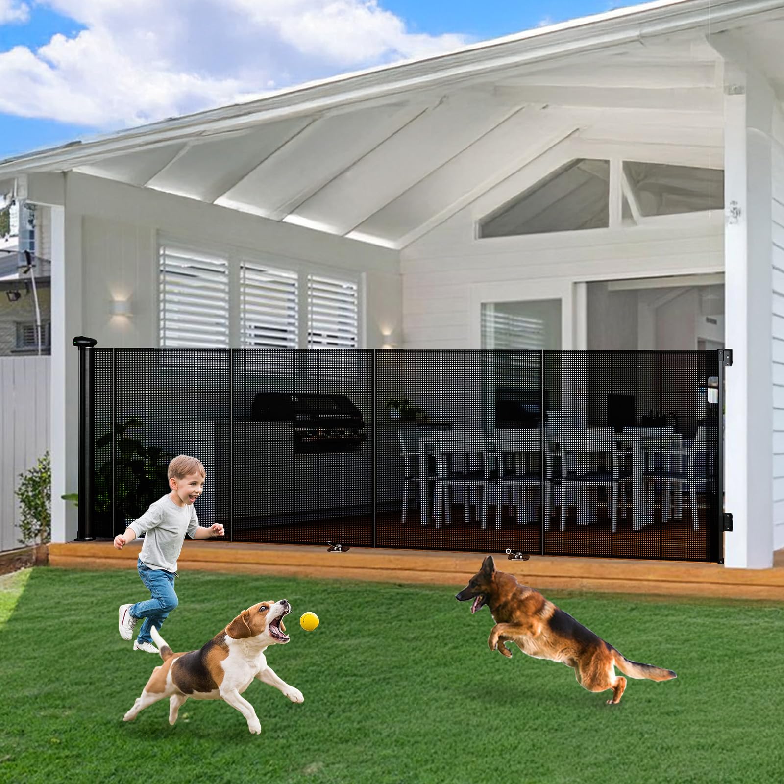 55 Inch Wide Retractable Baby Gate for Stairs, 42 Tall Dog Gate Extra Wide with Child Lock, Length-Adjustable Indoor Mesh Gates 