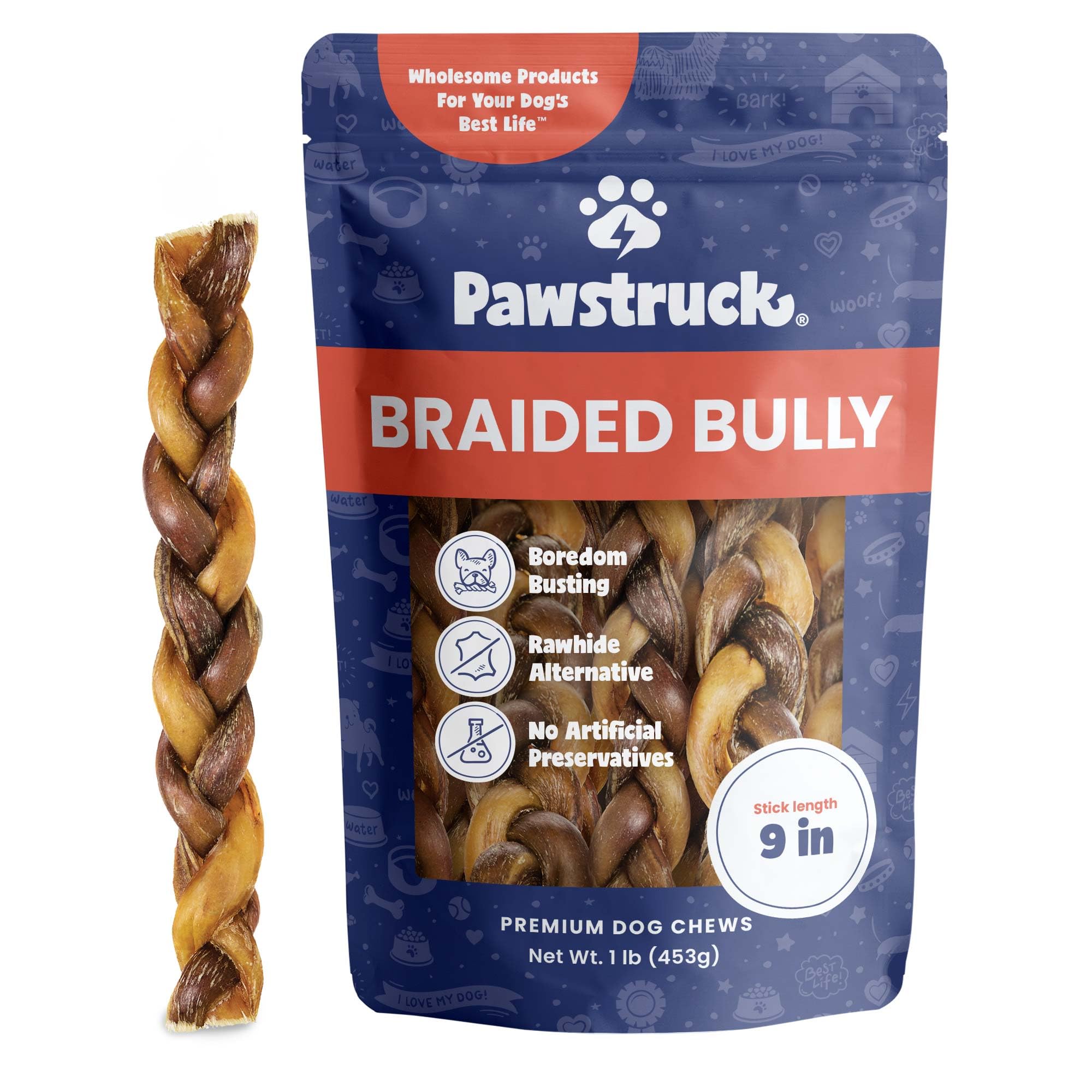 Pawstruck 100% Natural 9 Braided Bully Sticks for Dogs 1 lb Bag - Long Lasting Rawhide Free Single Ingredient Beef Pizzle Dog Ch