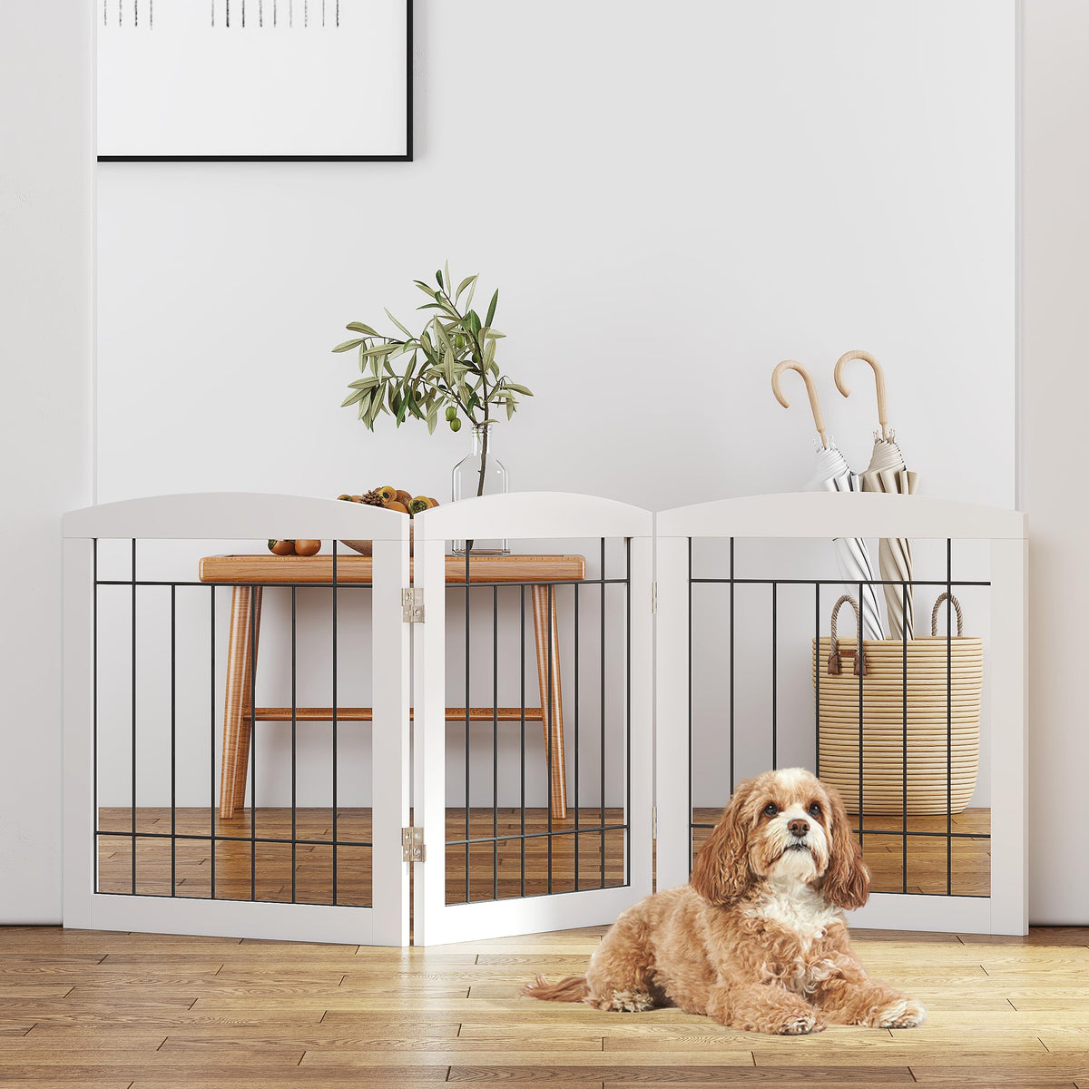 Pawland Free Standing Dog Gates For The House Stairs Doorways Indoor Foldable Wooden Small White Puppy Pet Gate Step Over Fence 60' W 24' H 3 Panels