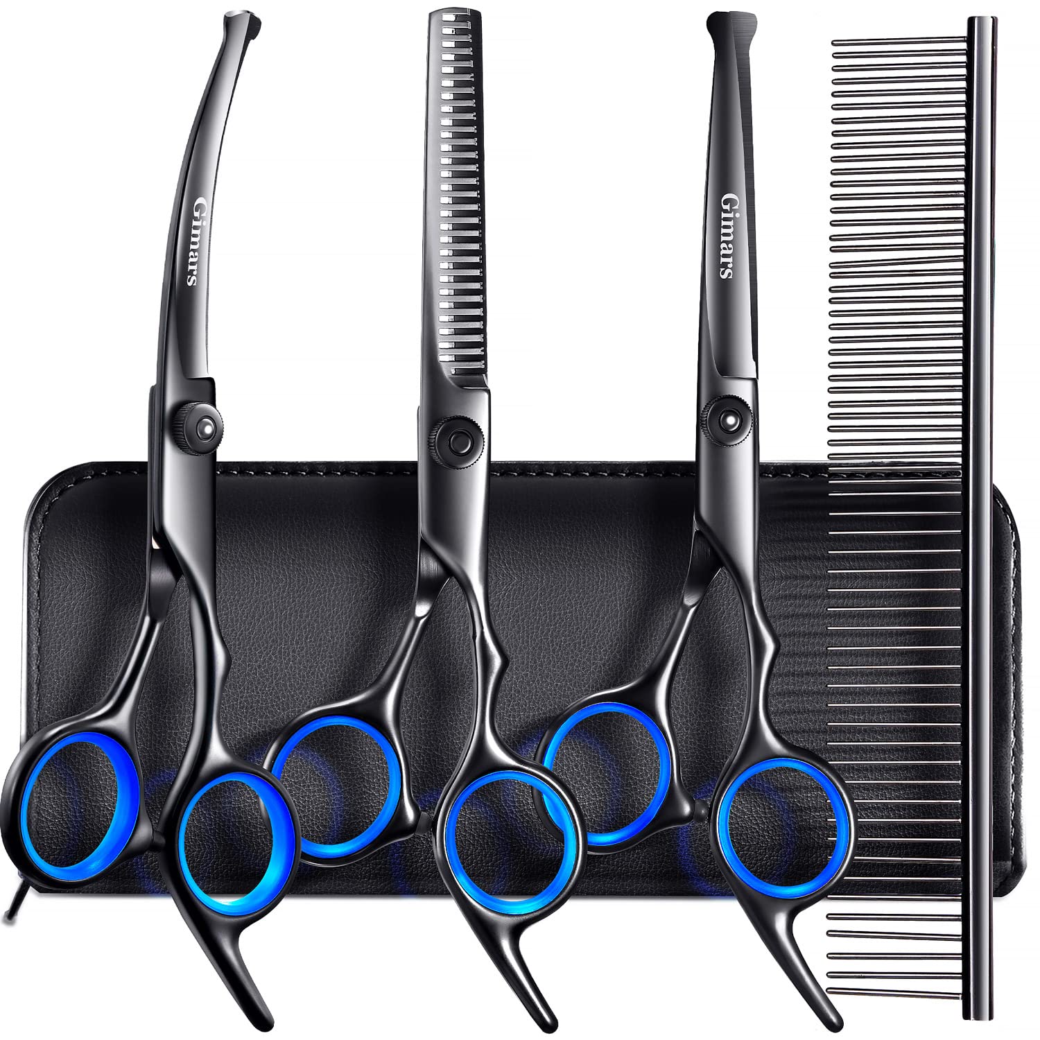 Gimars Professional 5 In 1 Grooming Scissors For Dogs 4Cr With Safety Round Tip, Heavy Duty Titanium Coated Straight & Thinning