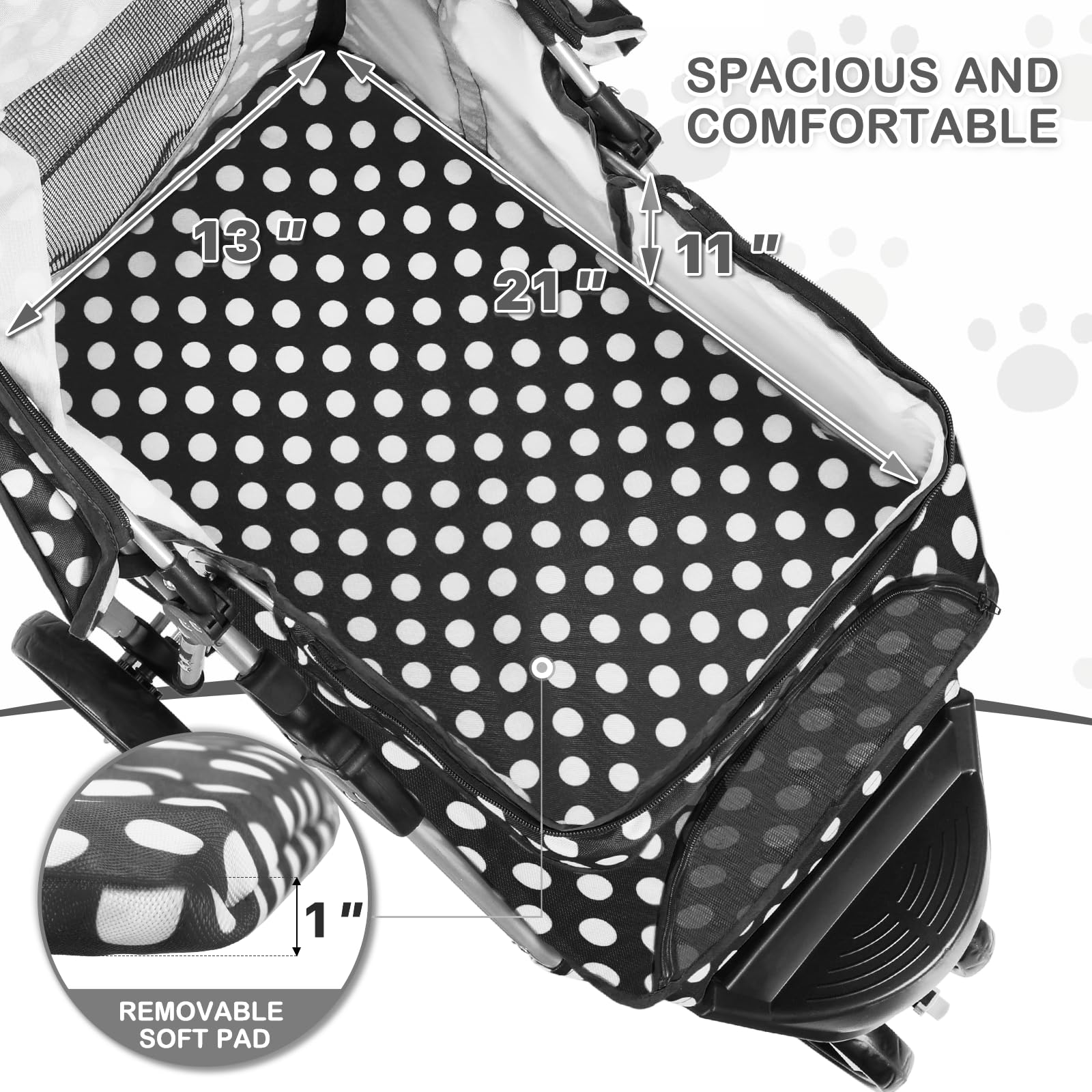 Monibloom 3 Wheels Pet Dog Cat Stroller For Small Medium Dogs Cats, Foldable Jogger Stroller W/Storage Basket And Cup Holder, Black Polka Dots
