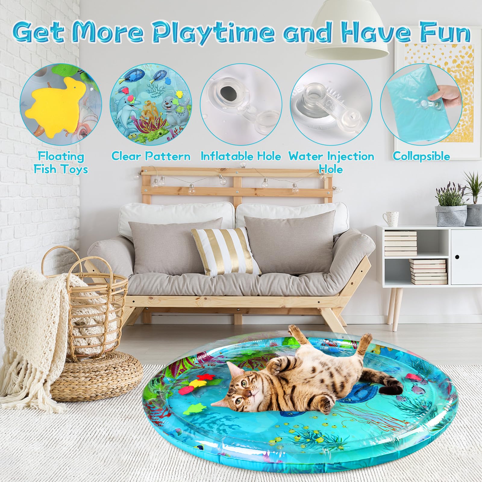 Water Sensory Play Mat for Cats,Cat Water mat with Fish,Anti-Scratch Water Mat for Cats,Durable & Easy-Clean Playmat. (Large,Ani