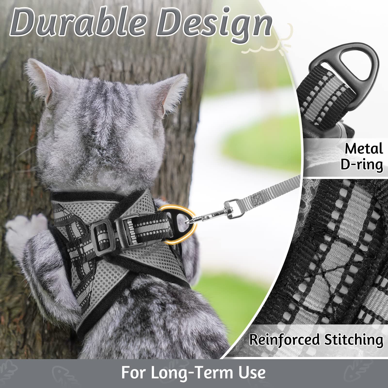 Rabbitgoo Cat Harness And Leash Set For Walking Escape Proof, Adjustable Soft Kittens Vest With Reflective Strip For Cats, Comfortable Outdoor Vest, Grey, M