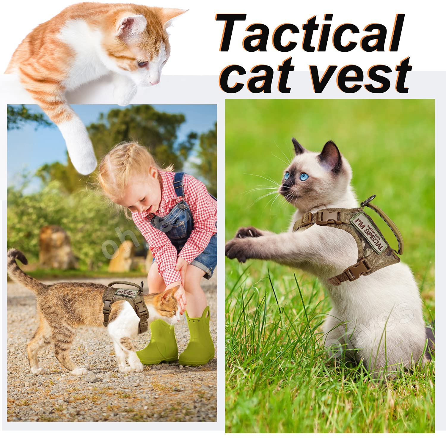 Tactical Cat Harness For Walking Escape Proof, Soft Mesh Adjustable Pet Vest Harness For Large Cat,Small Dog (L, Khaki)