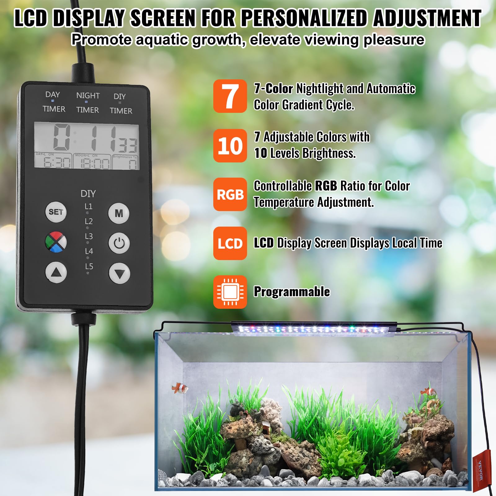 Vevor Aquarium Light With Lcd Monitor, 14W Full Spectrum Fish Tank Light With 24/7 Natural Mode, Adjustable Brightness & Timer -