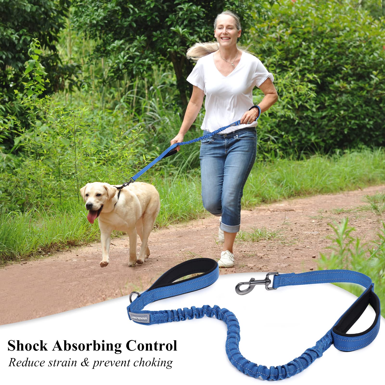 Vivaglory Heavy Duty Bungee Dog Leash, Dual Padded Handles No Pull Reflective Training Dog Leash With Traffic Handle For Medium