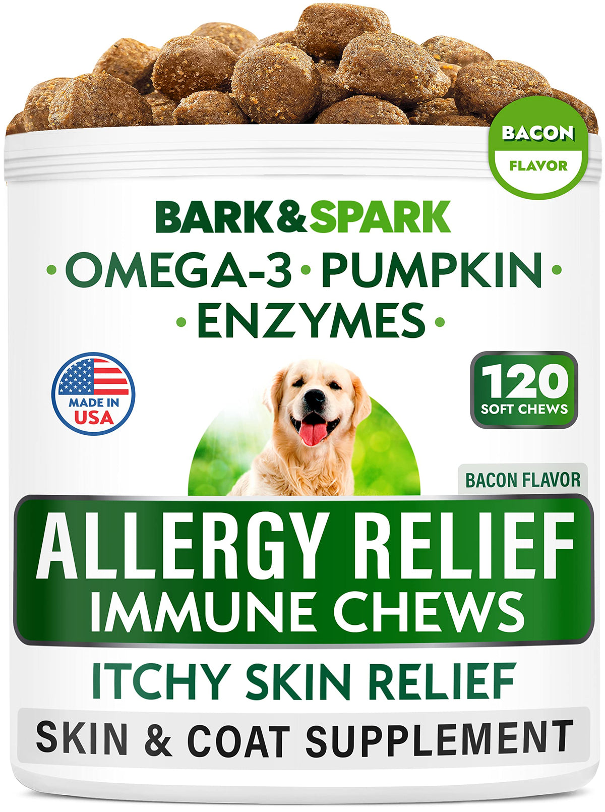 Dog Allergy Relief Chews - Anti-Itch Skin & Coat Supplement - Omega 3 Fish Oil - Itchy Skin Relief Treatment Pills - Itching & Paw Licking - Dry Skin & Hot Spots - (120 Immune Treats - Bacon)