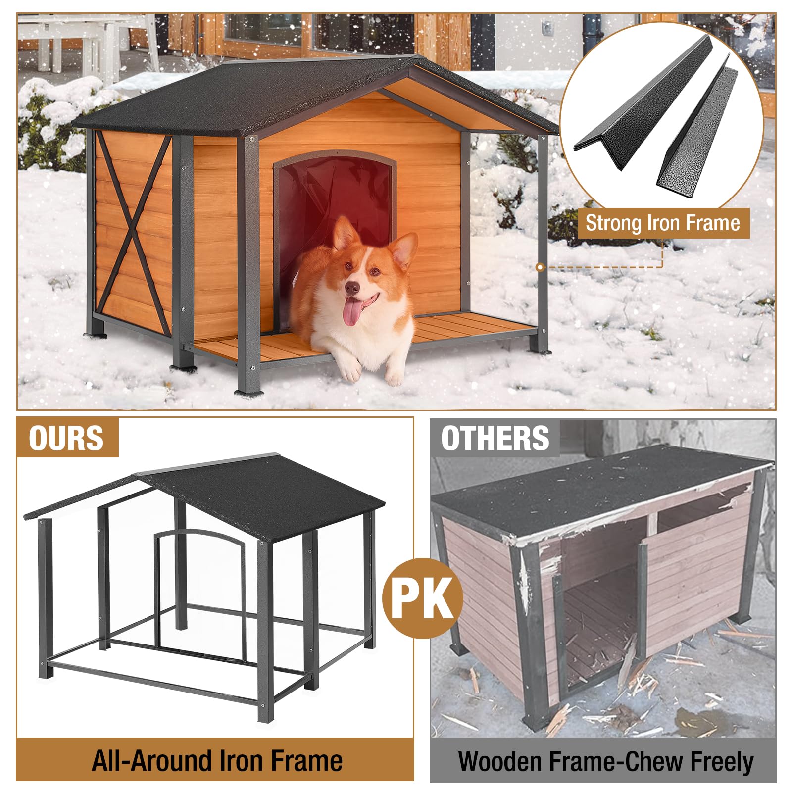 Outdoor Dog House Insulated Extra Large Dog Kennel With Liner For Winter, Heated Dog House 100% Insulated & All-Around Iron Fram