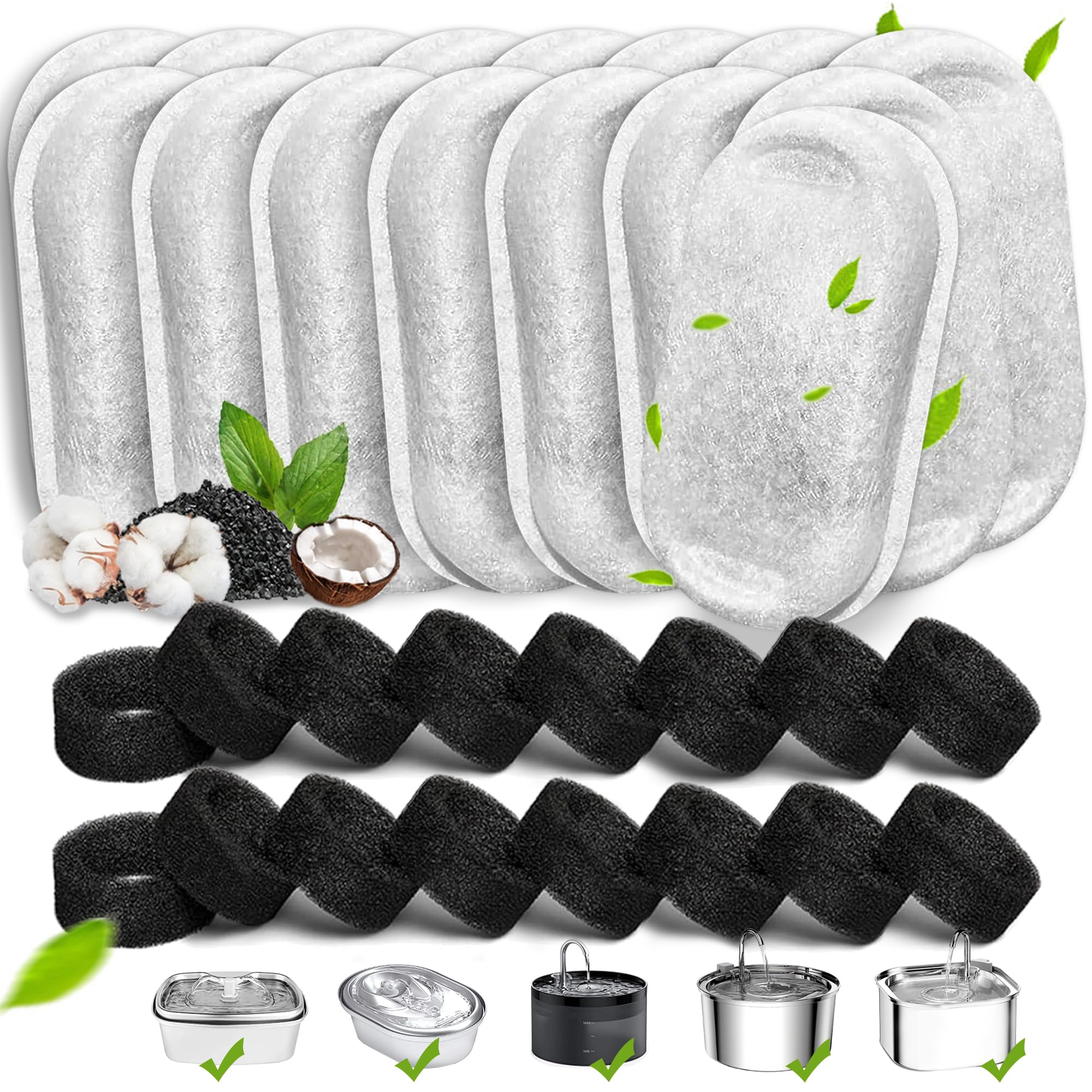 Cat Water Fountain Filters, 32 Pack Cat Fountain Replacement Filters For Stainless Steel 108Oz/3.2L& 67Oz/2L Adjustable Water Fl
