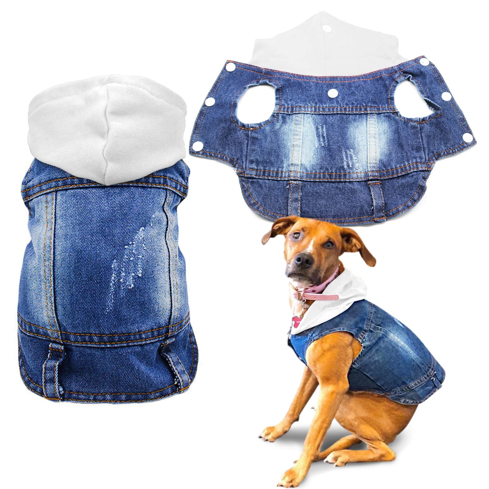 Sild Pet Clothes Dog Jeans Jacket Cool Blue Denim Coat Small Medium Dogs Lapel Vests Classic Hoodies Puppy Blue Vintage Washed Clothes (White,S)
