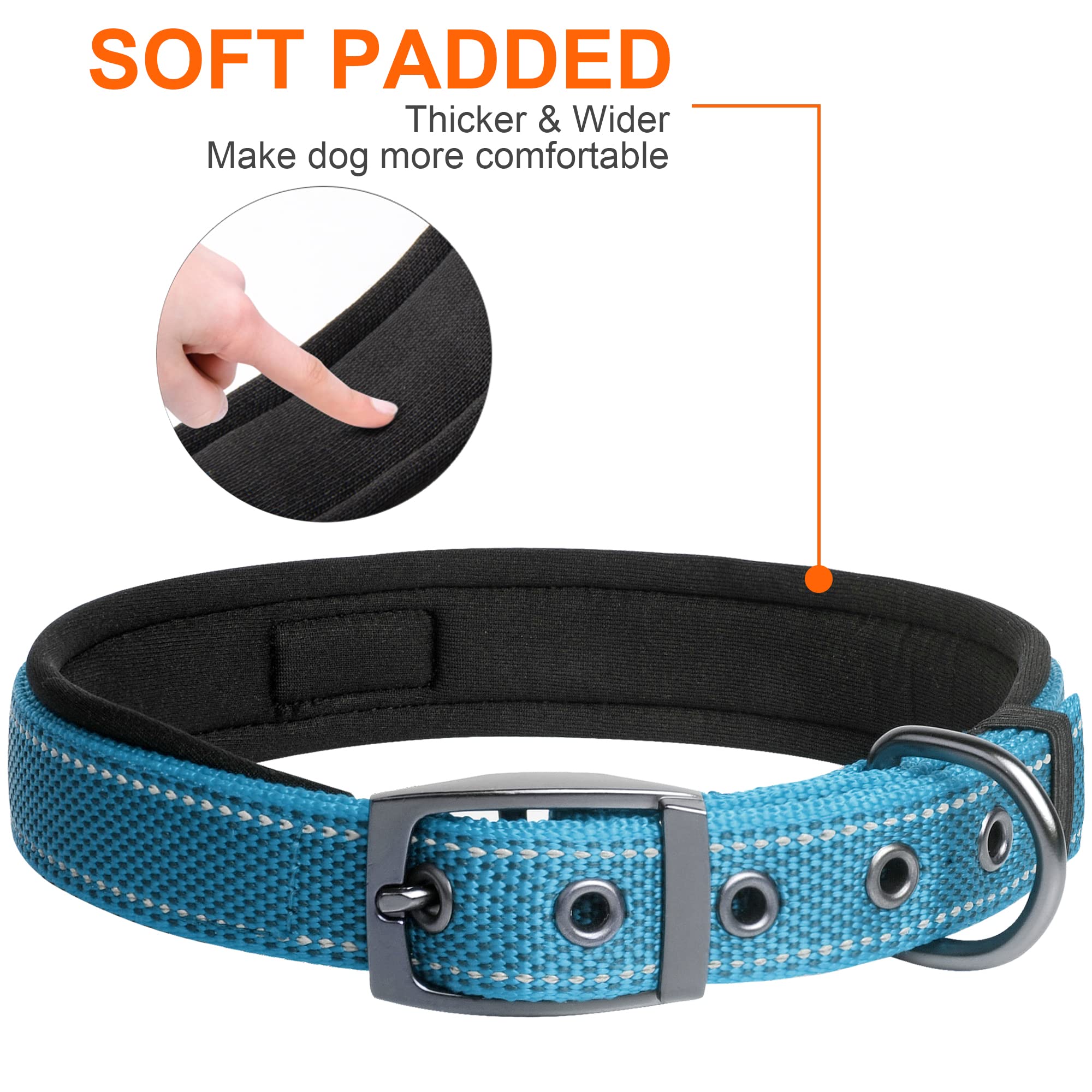 Fida Heavy Duty Dog Collar, Ultra Comfortable Soft Neoprene Padded, Adjustable Reflective Nylon Pet Collar With Durable Metal Belt Buckle For Large Breeds (L, Blue)