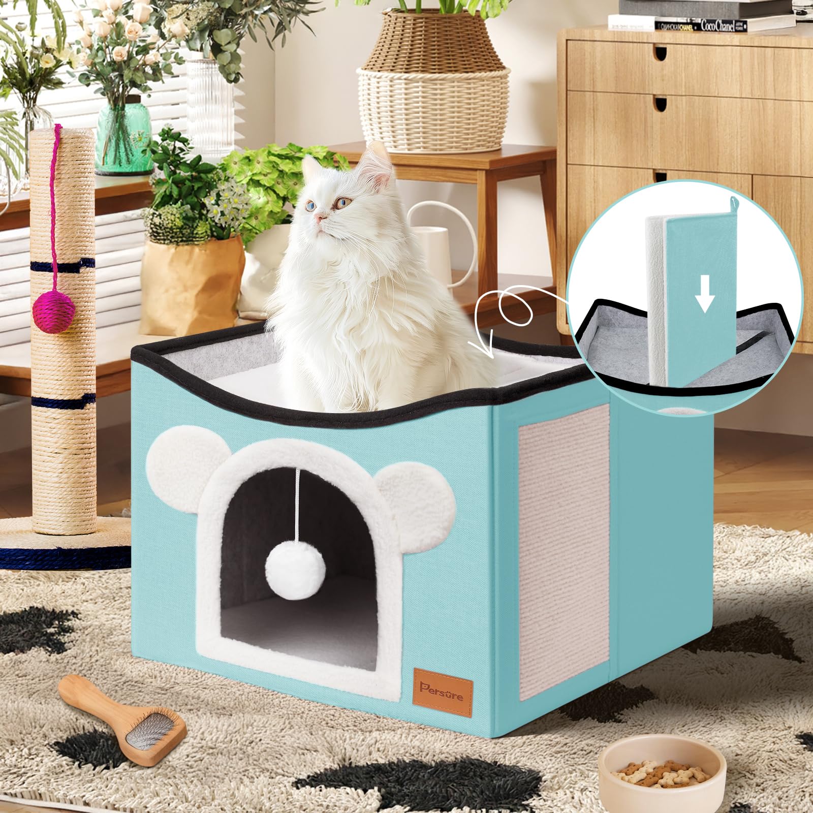 Persure Cat House Cat Beds For Indoor Cats Large Foldable Multifunction Cat Cave For Pet With Hover Ball And Scratching Board(Mi