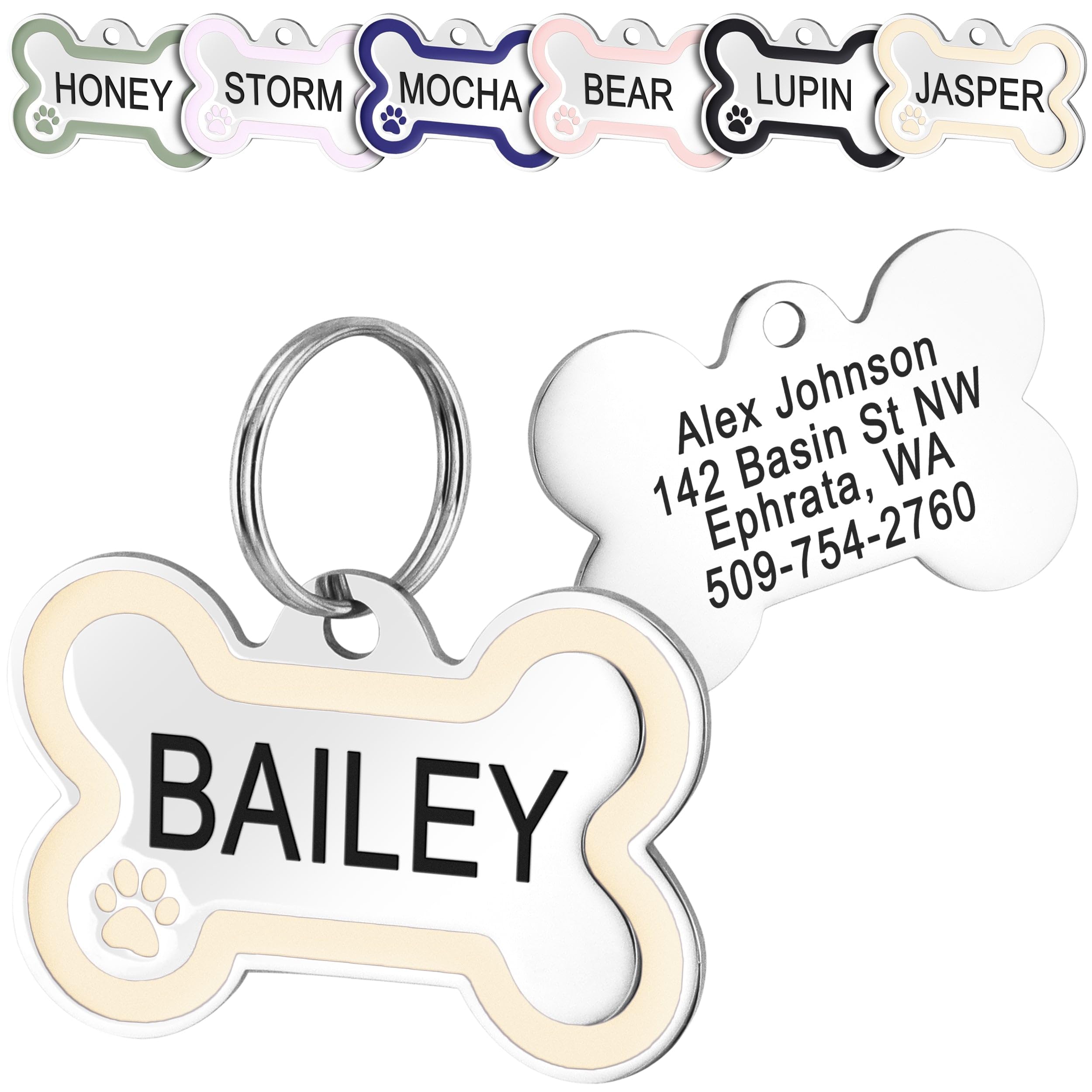 Gotags Stainless Steel Bone Dog Tag With Color Outline And Paw Print, Personalized Pet Id Tag For Dogs And Cats, Custom Engravin