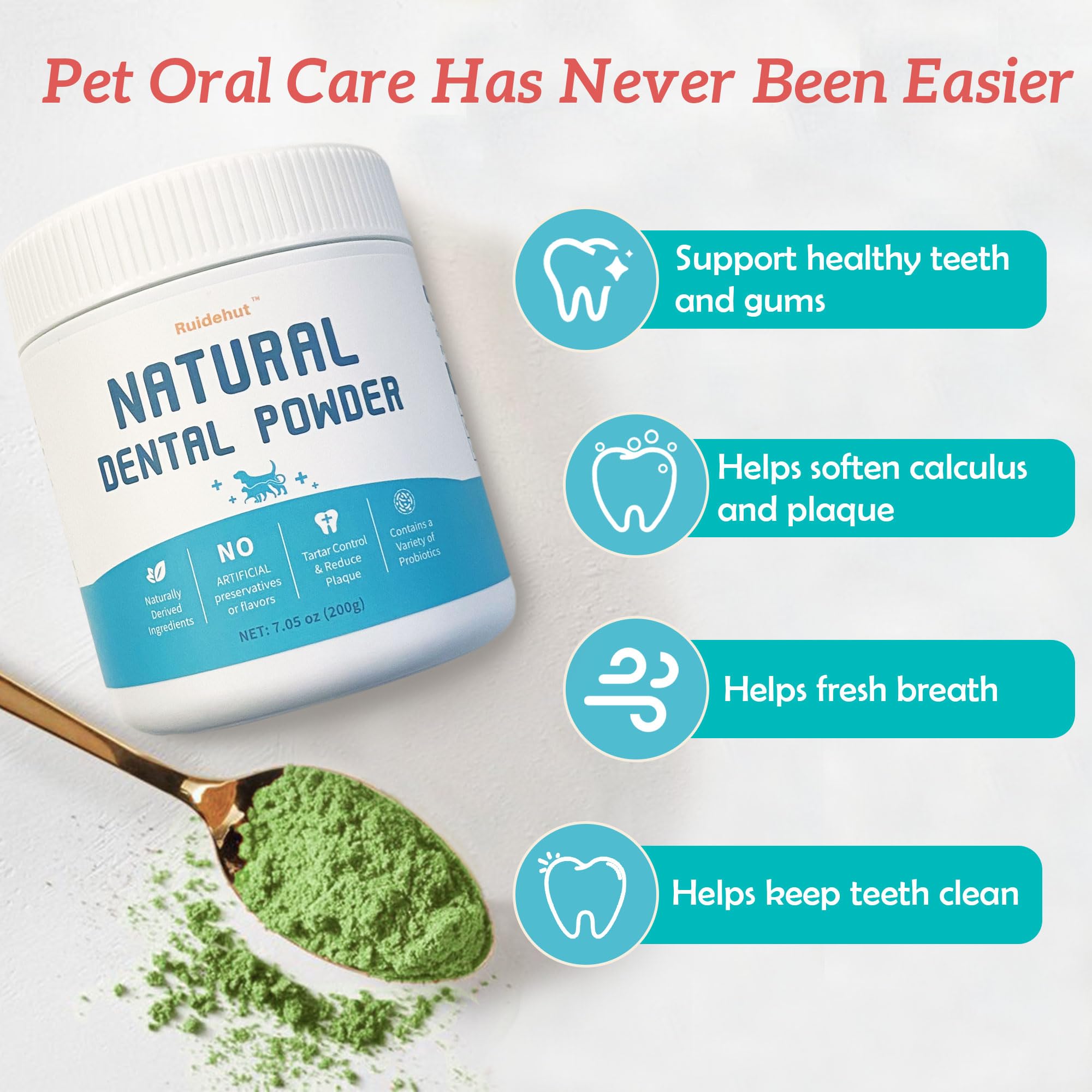 Natural Dog Dental Powder - Teeth Cleaning Powder - Removes Plaque and Tartar - Breath Freshener - Contains Probiotics to Fight
