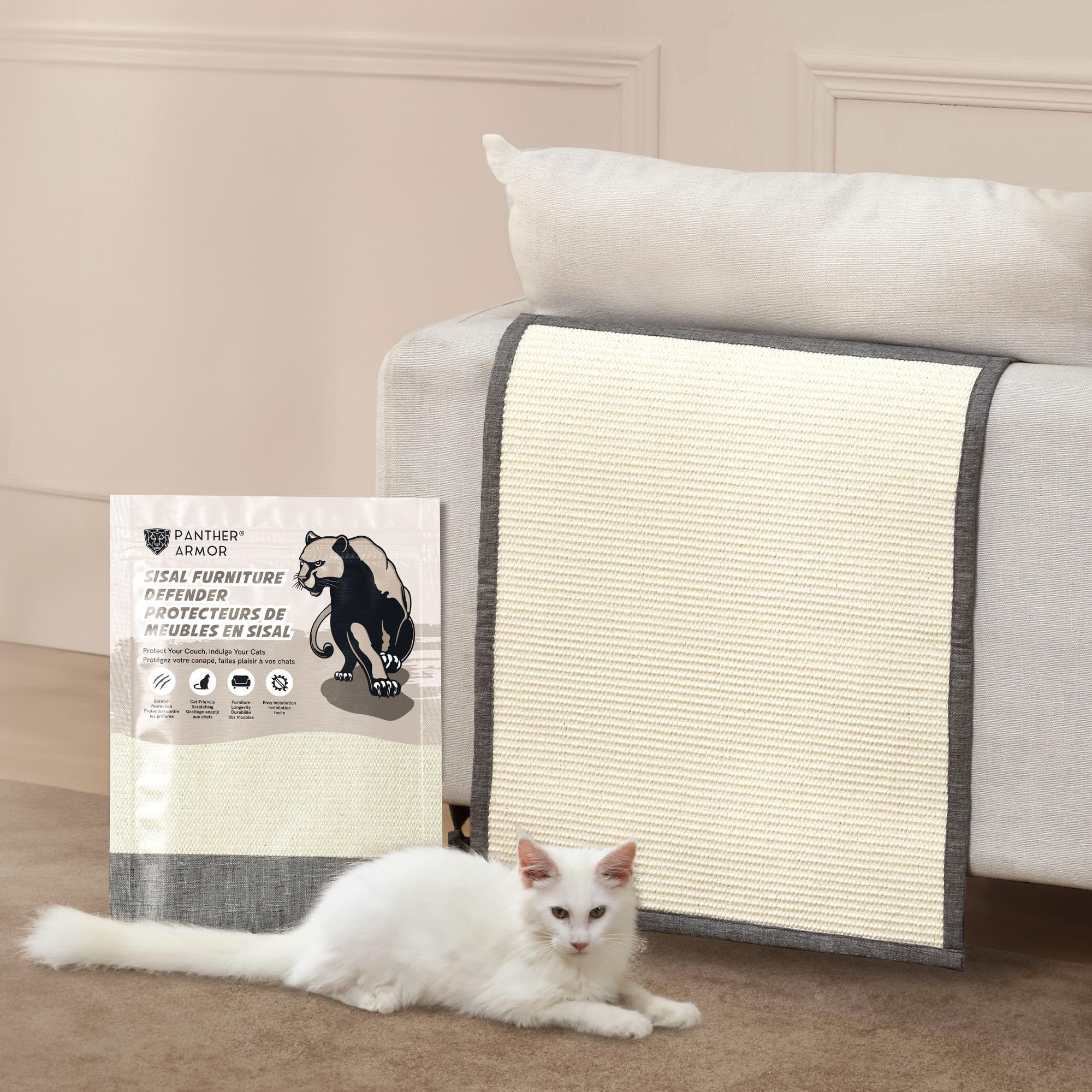 Panther Armor Sisal Cat Scratcher - Grey Back Rest Furniture Protector, Strong Sisal Sofa Scratching Pads