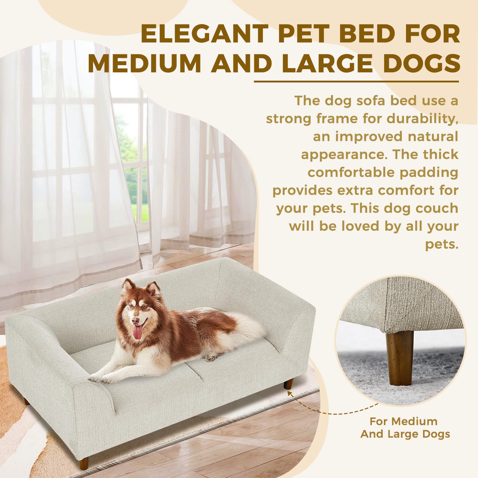 Dog Bed For Large Dogs Up To 50 Lbs, 28'' W Memory Foam Dog Sofa Bed, Modern Elevated Dog Couch Bed With Wooden Legs, Rectangle