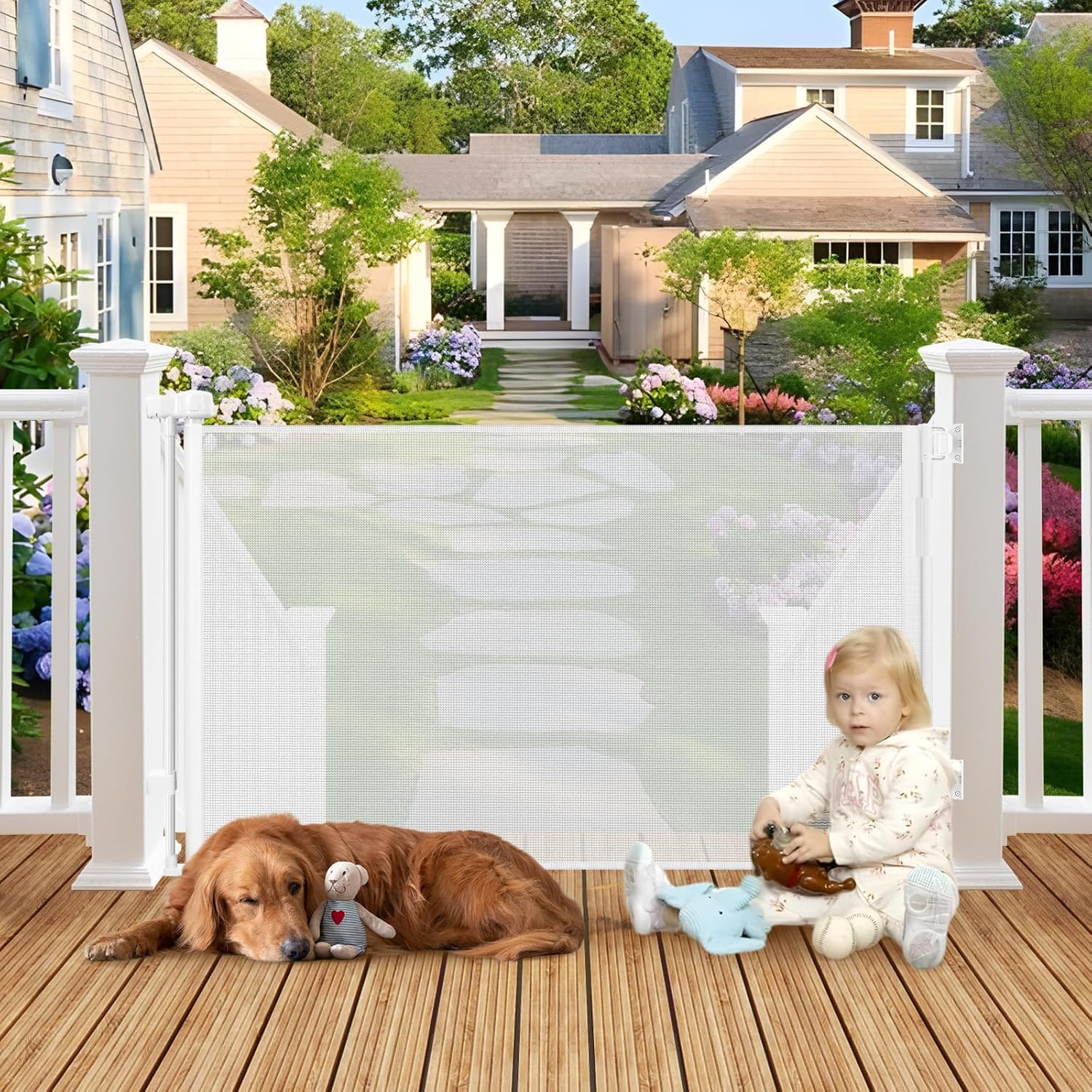 Weatherproof Outdoor Retractable Gate for Dogs with No Rust Screws and Rods, 72 Wide Waterproof Outdoor Dog gate, 6 ft Scratch-R