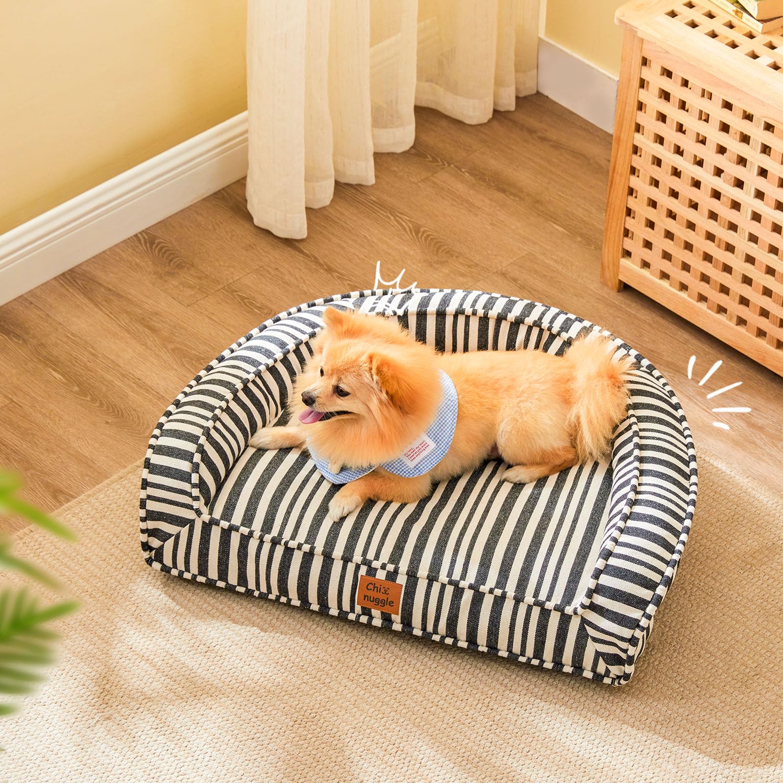 ChiXnuggle Cute Dog Bed for Medium Dogs, Waterproof Canvas Striped Pet Bed with Washable Removable Cover, 28x23x6.5inches (Size