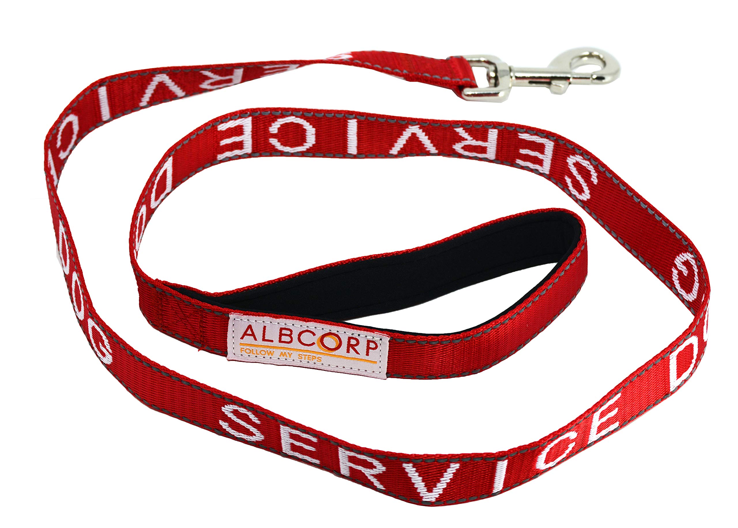 Albcorp Service Dog Leash - Embroidered- With Padded Neoprene Handle And Reflective Threads, 4 Feet, For Harnesses, Vests Or Collars, Red