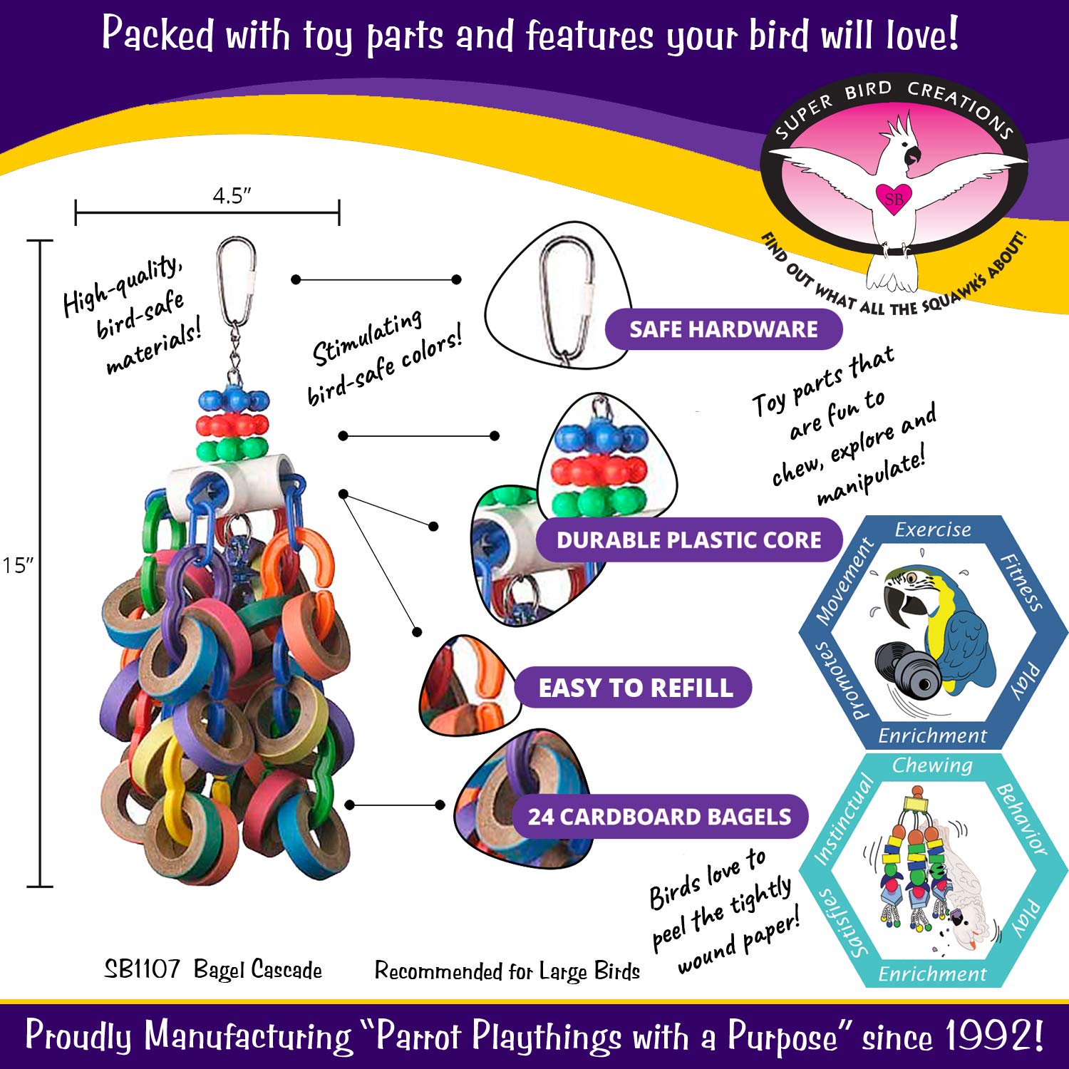 Super Bird Creations Sb1107 Bagel Cascade Bird Toy, Large Bird Size, Refillable Bagels, 15” X 4.5”