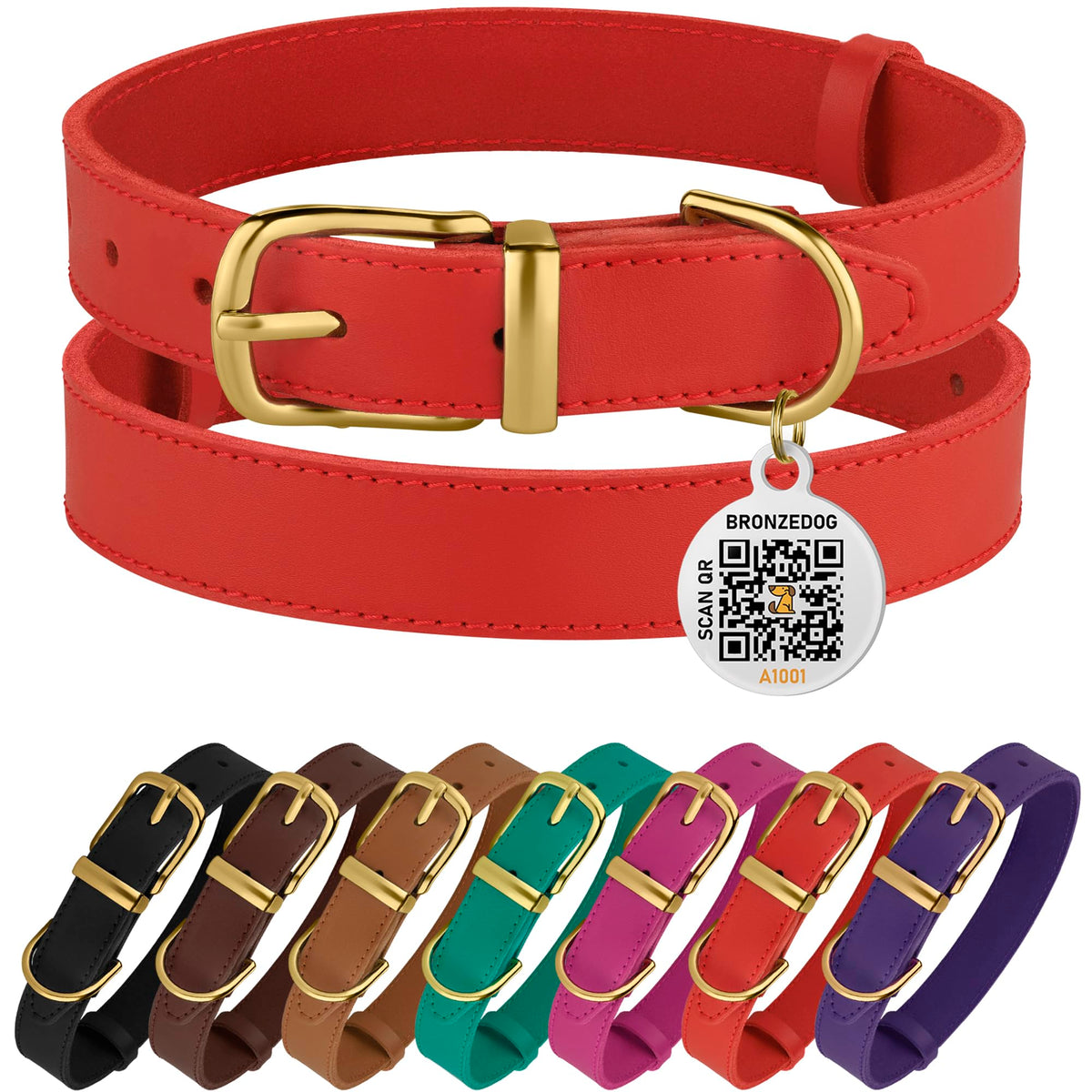 Bronzedog Leather Dog Collar With Metal Buckle Durable Basic Pet Collars For Small Medium Large Dogs (14-17 Inch (Pack Of 1), Red & Gold Buckle)