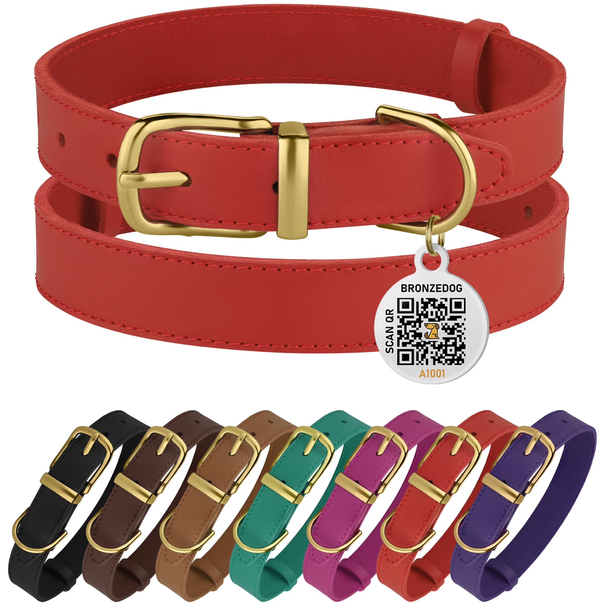 Bronzedog Leather Dog Collar With Metal Buckle Durable Basic Pet Collars For Small Medium Large Dogs (19-21 Inch (Pack Of 1), Red & Gold Buckle)