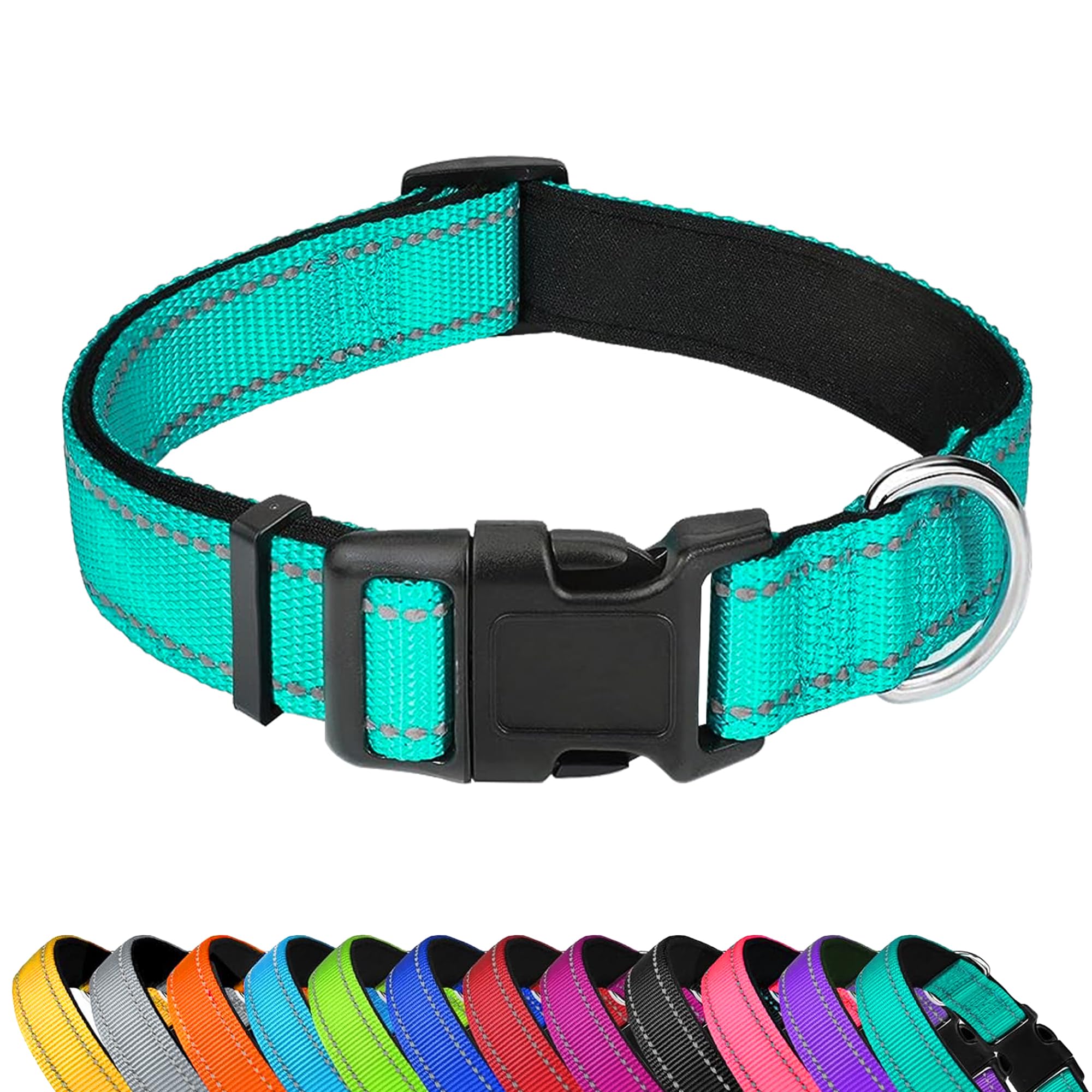Pwod Reflective Dog Collar, Adjustable Soft Neoprene Padded Nylon Pet Collars With Buckle For Small Dogs, Turquoise,S