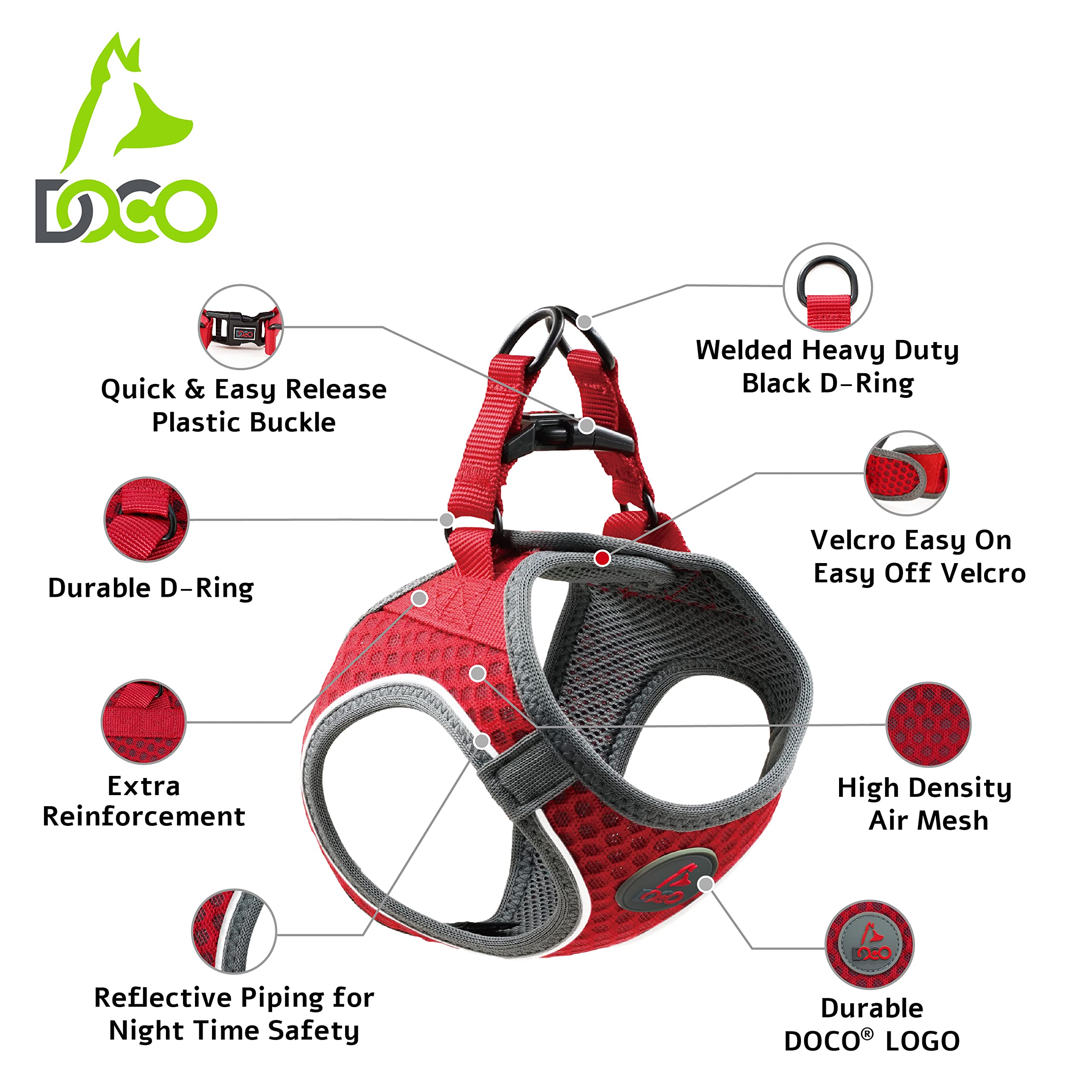 DOCO Dog Harness (Chest 18.5-19.5, Weight 15-20 lbs) Athletica Adjustable Heavy Duty No Choke Puppy Vest for Small Dogs Lightwei