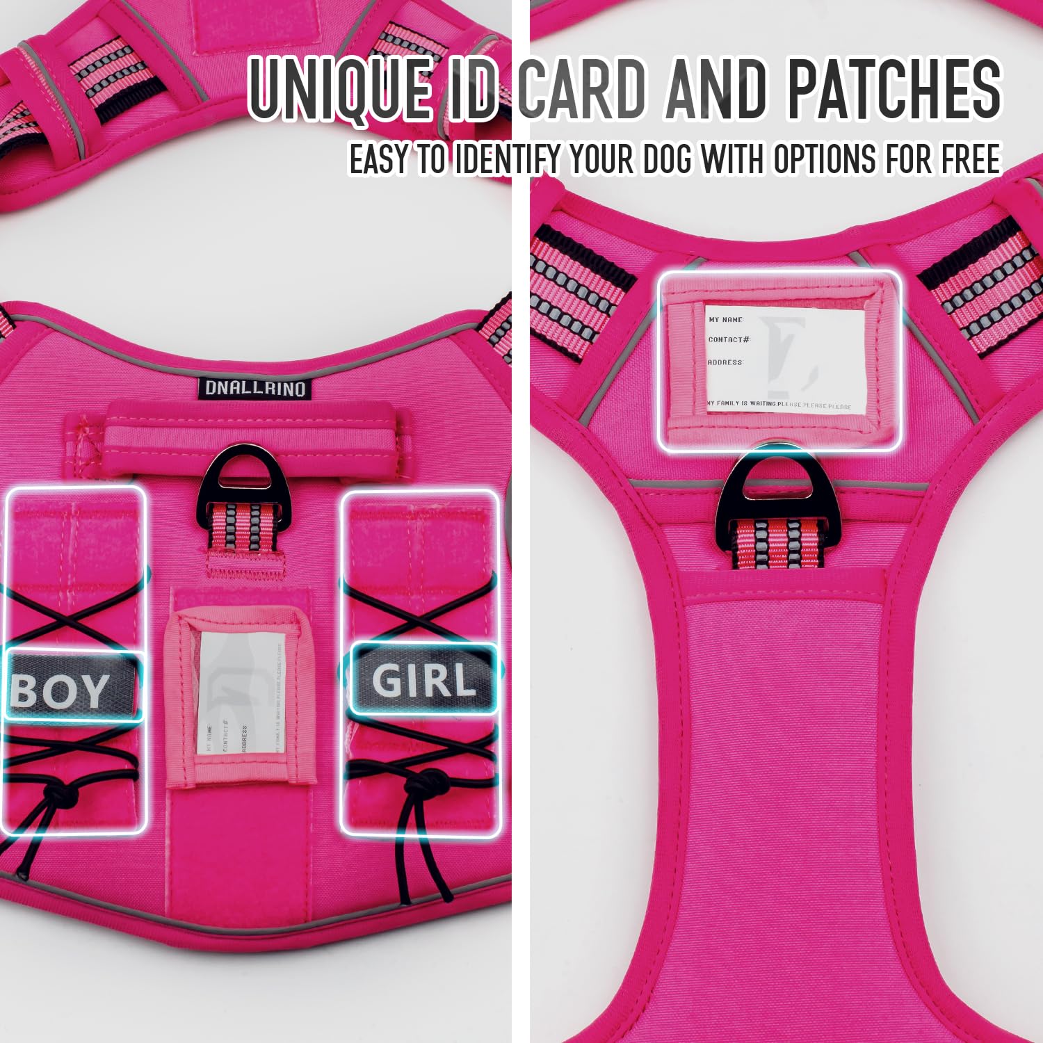 Dnallrino Tactical Dog Harness For Medium Large Dogs, Pink Dog Harness With Id Card, Reflective Hiking Harness For Training Easy