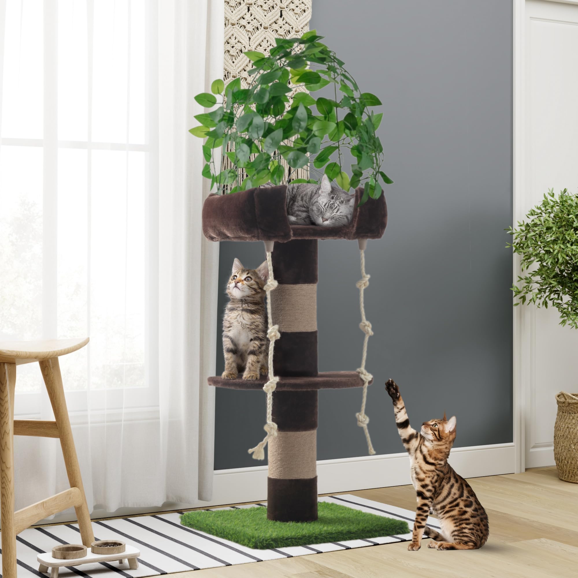 Sha Cerlin 55 Inches Cat Tree Tower With Leaves/Cozy Perches With Scratching Post For Indoor Kittens And Adults Cats/Sisal Rope
