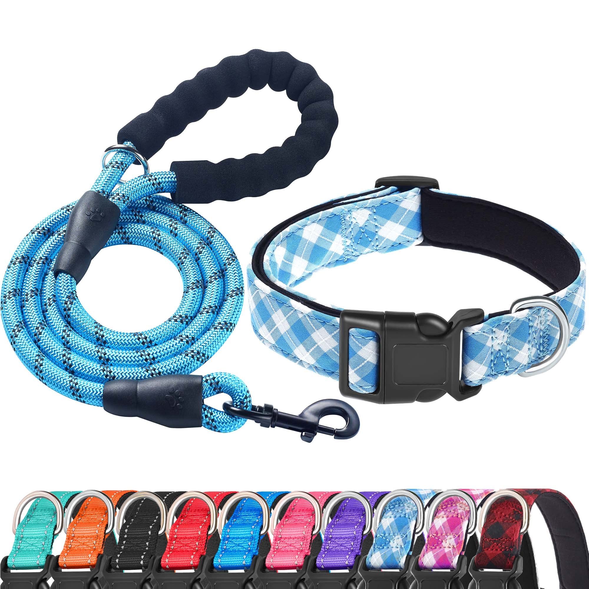 Ladoogo Reflective Dog Collar Padded With Soft Neoprene Breathable Adjustable Nylon Dog Collars For Small Medium Large Dogs (X-Small (Pack Of 1), Vivid Blue Plaid Collar+Leash)