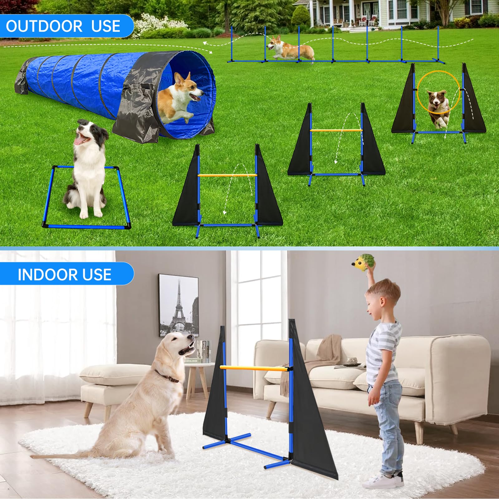 Jopavo Dog Agility Training Equipment: Dog Agility Course Backyard Set - 13-Piece Kit With 2X10Ft Tunnels (Sandbags), 2 Adjustab