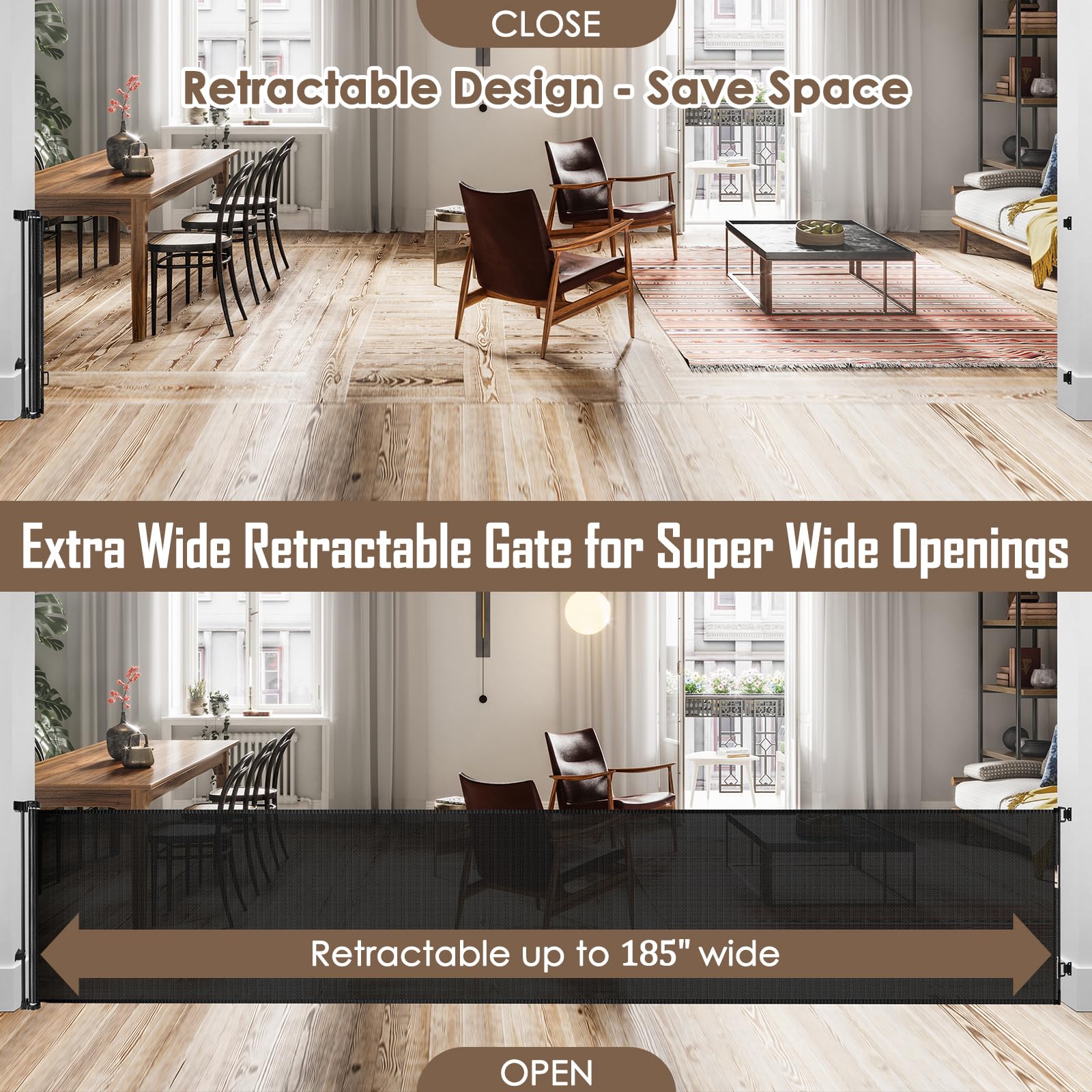 185 Inch Extra Long Baby Gates for Large Openings, Retractable Baby Gates Extra Wide Retractable Dog Gate Outdoor Retractable Ga