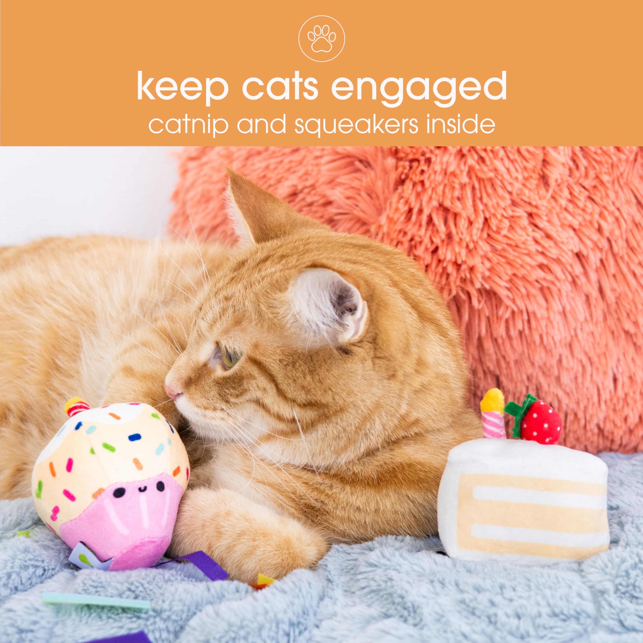 Pearhead Happy Birthday Cake Cat Toy Set, Stuffed Birthday Cake And Cupcake Cat Toys With Catnip And Squeakers, Interactive Fun Kitten Toys, Pet Owner Pet Birthday Gift, Ideal For Cat Lovers, Set Of 2