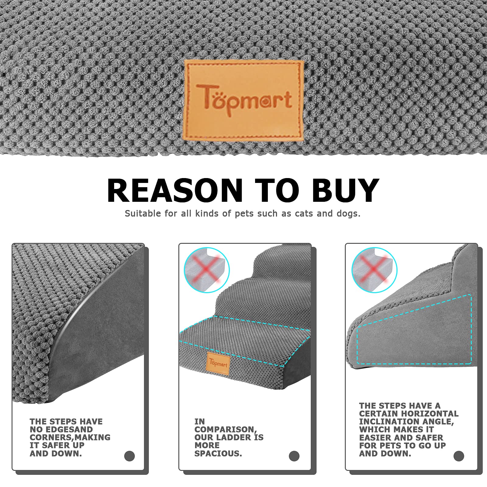 Topmart High Density Foam Dog Steps 4 Tiers,Extra Wide Deep Pet Steps,Non-Slip Pet Stairs,Dog Ramp For Bed,Soft Foam Dog Ladder,Best For Older Dogs Injured,Older Pets,Cats With Joint Pain