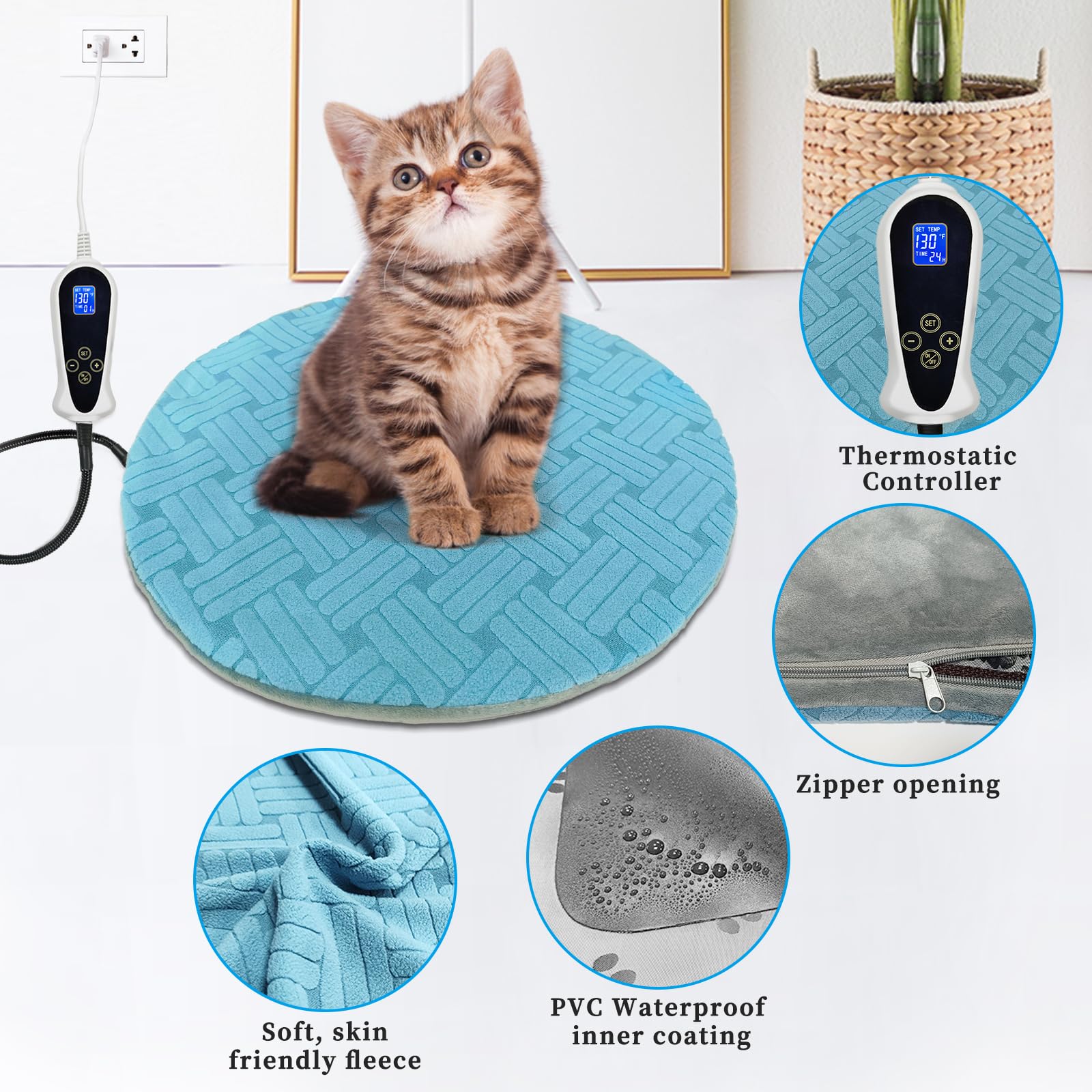Rc Sll Cat Heating Pad, Round-16 In, Soft Heated Cat Bed With Smart Thermostat Switch, Waterproof, Upgraded Adjustable Controlle