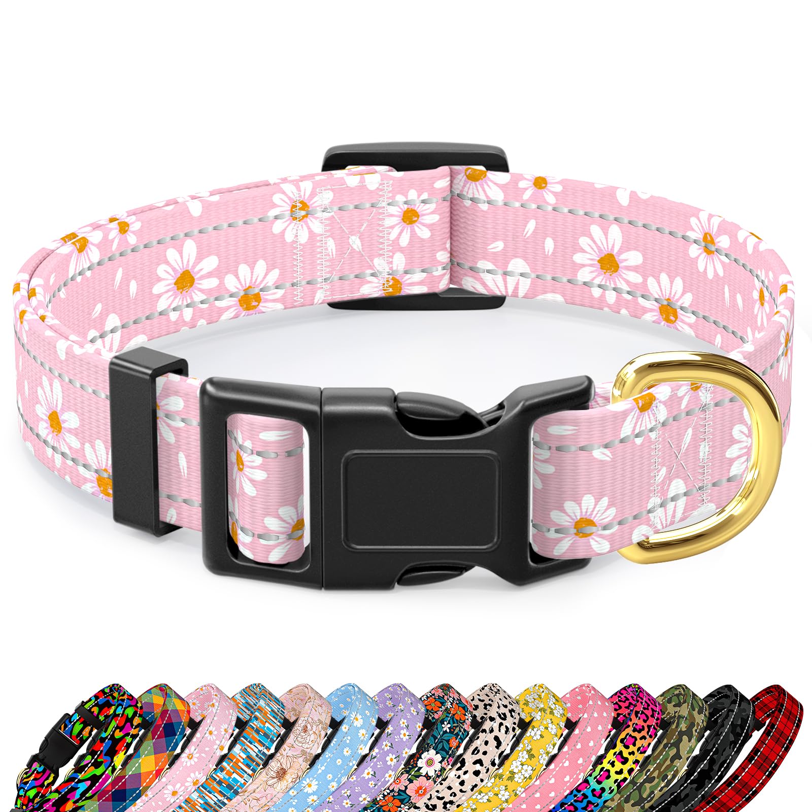 Tmoodel Reflective Dog Collar For Medium Dogs, Cute Daisy Theme Adjustable Heavy-Duty Nylon Puppy Collar For Boy And Girl Female
