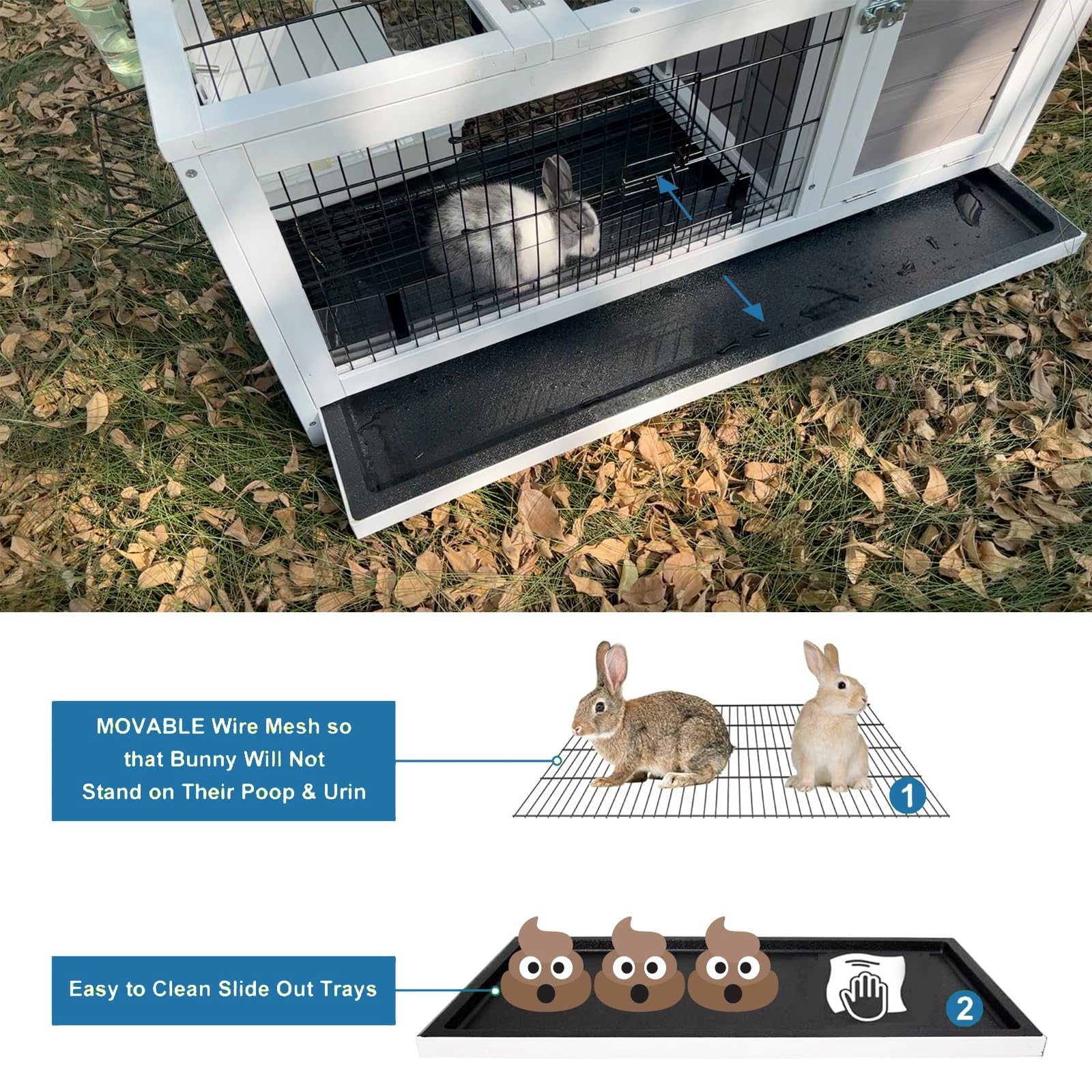 Funxplore Rabbit Hutch Indoor Outdoor Rabbit Cage Bunny Hutch With Casters, Urine Baffles Bottom Wire Floor Leakproof Tray Metal