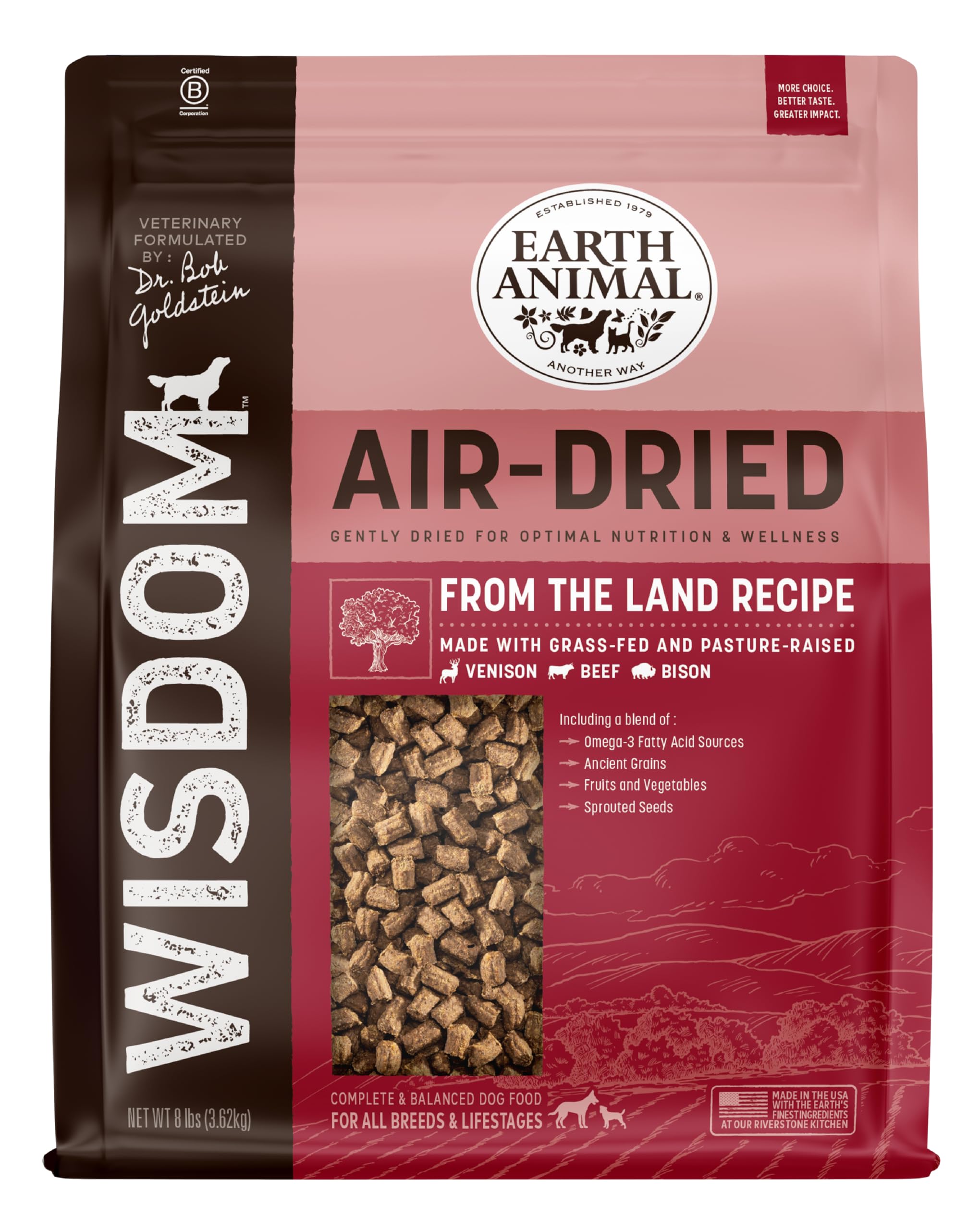 Earth Animal Wisdom Air Dried Dog Food - From the Land Recipe Premium Natural Dry Dog Food for All Breeds & Ages - 8 Lbs Bag