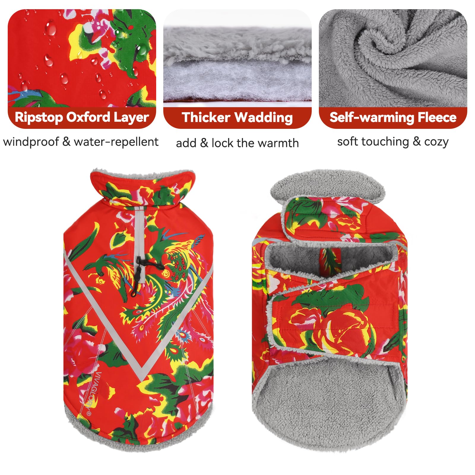 Vivaglory Warm Dog Fleece Vest Jacket With Two-Way Zipper Opening, Pet Jacket With Fleece Lining For Small Pets, Northeast Flora
