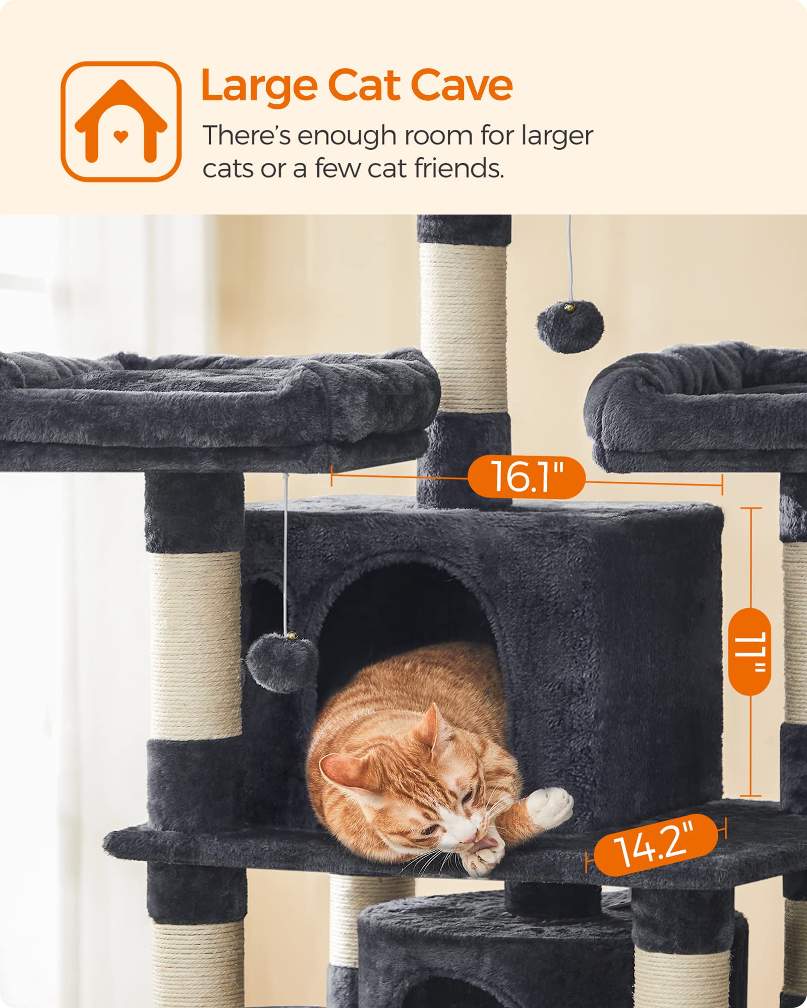 Feandrea 67-Inch Multi-Level Cat Tree For Large Cats, With Cozy Perches, Stable, Smoky Gray Upct18G