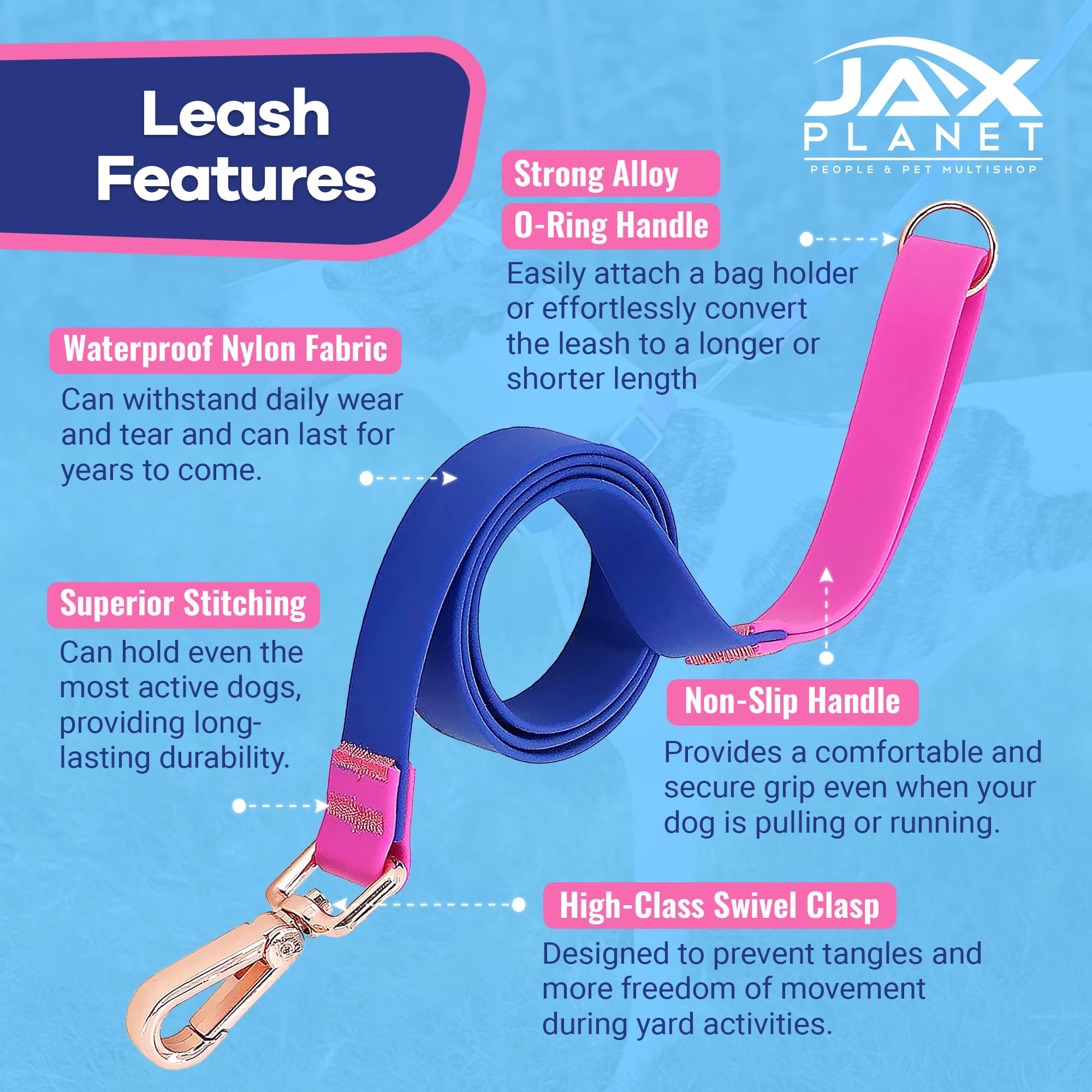 Jelly Colorful Dog Leash, Waterproof Training Leash for Walking, Hiking & Outdoor Activities, Non-Slip Grip, Anti-Odor Nylon Lea