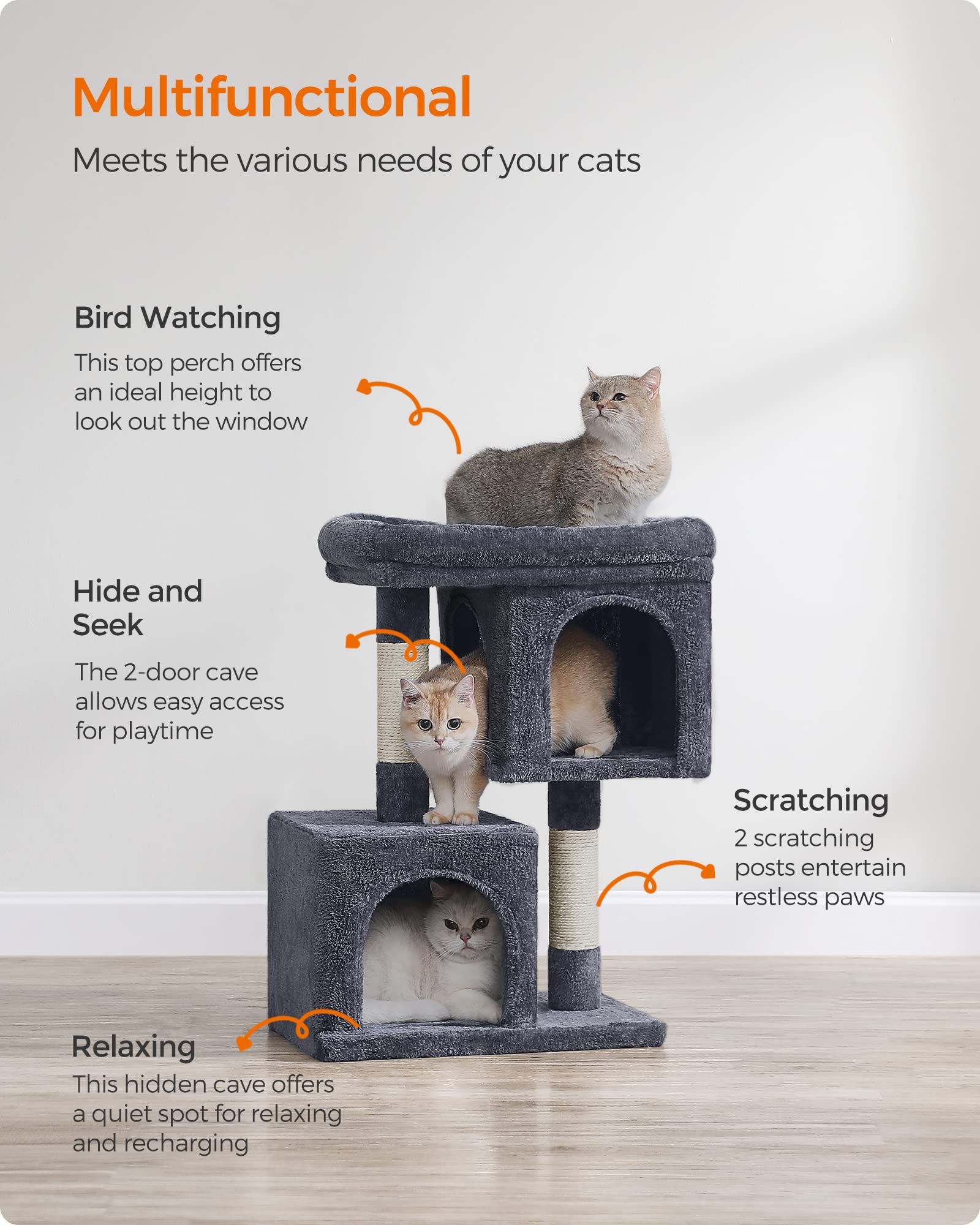 Feandrea Cat Tree, 29.1-Inch Cat Tower, M, Cat Condo For Medium Cats Up To 11 Lb, Large Cat Perch, 2 Cat Caves, Scratching Post,