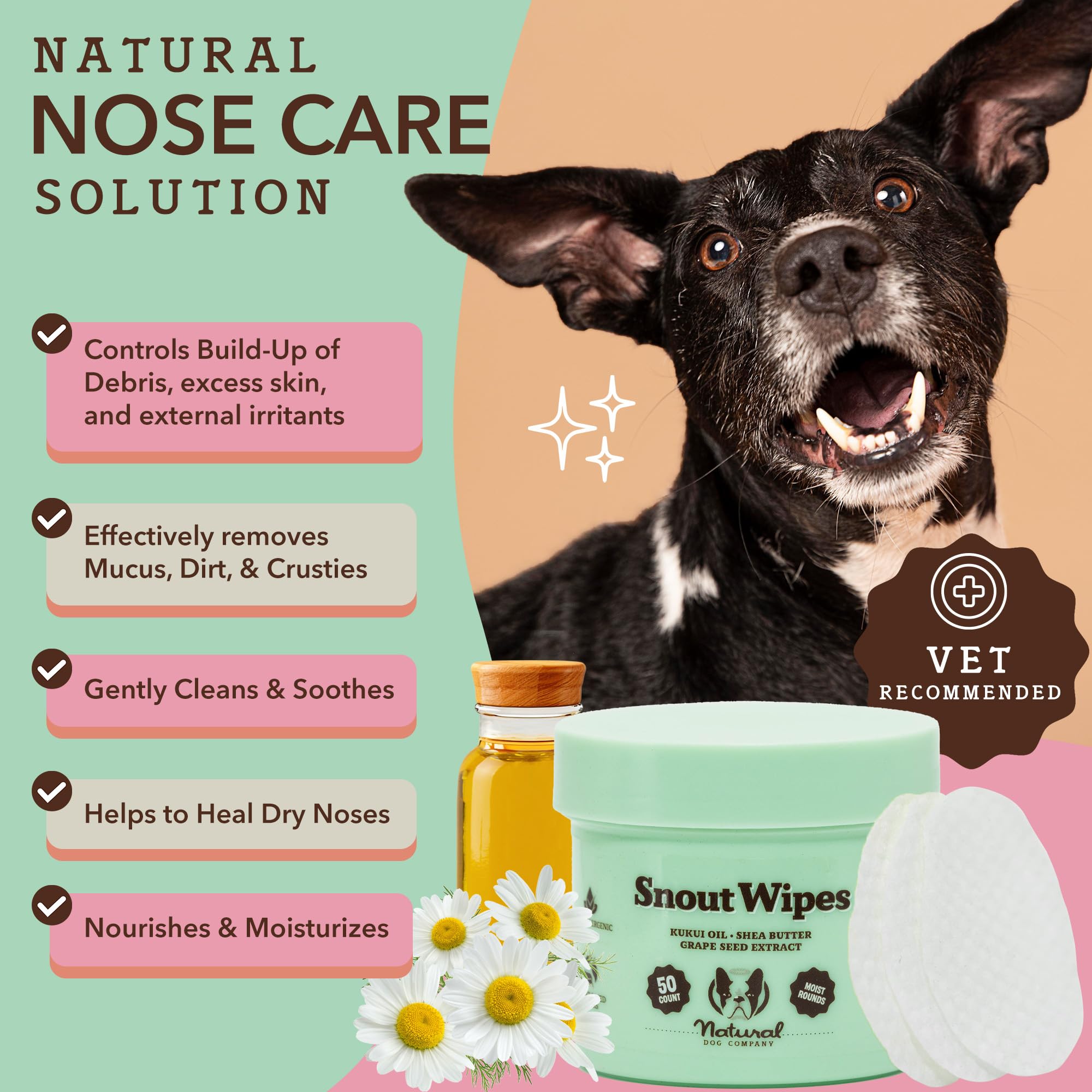 Natural Dog Snout Wipes, 50 Count - Snout Dog Wipes For Cleaning And Soothing, Natural, Non-Toxic Dog Care Products, Kukui Oil I