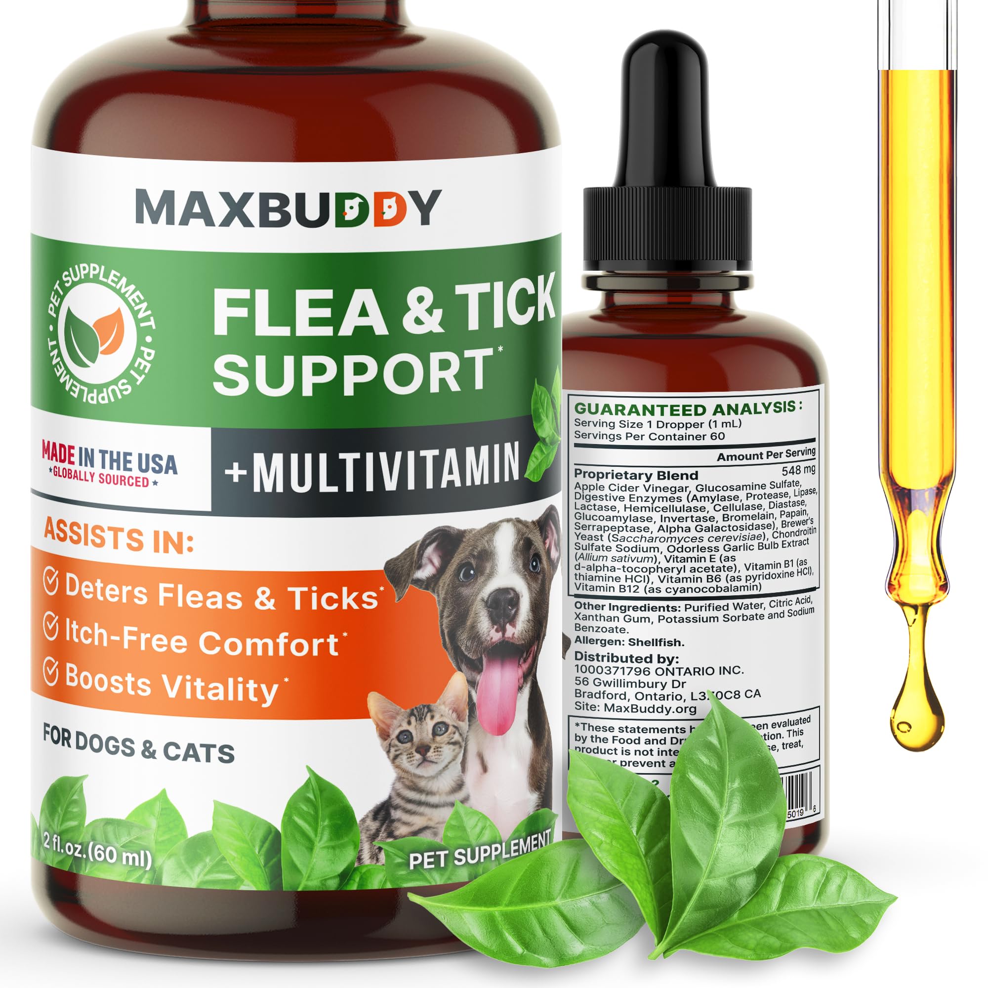 Flea and Tick Oral Prevention Support & Treatment for Dogs and Cats - Natural Flea Control with Multivitamin - Supplement Drops 