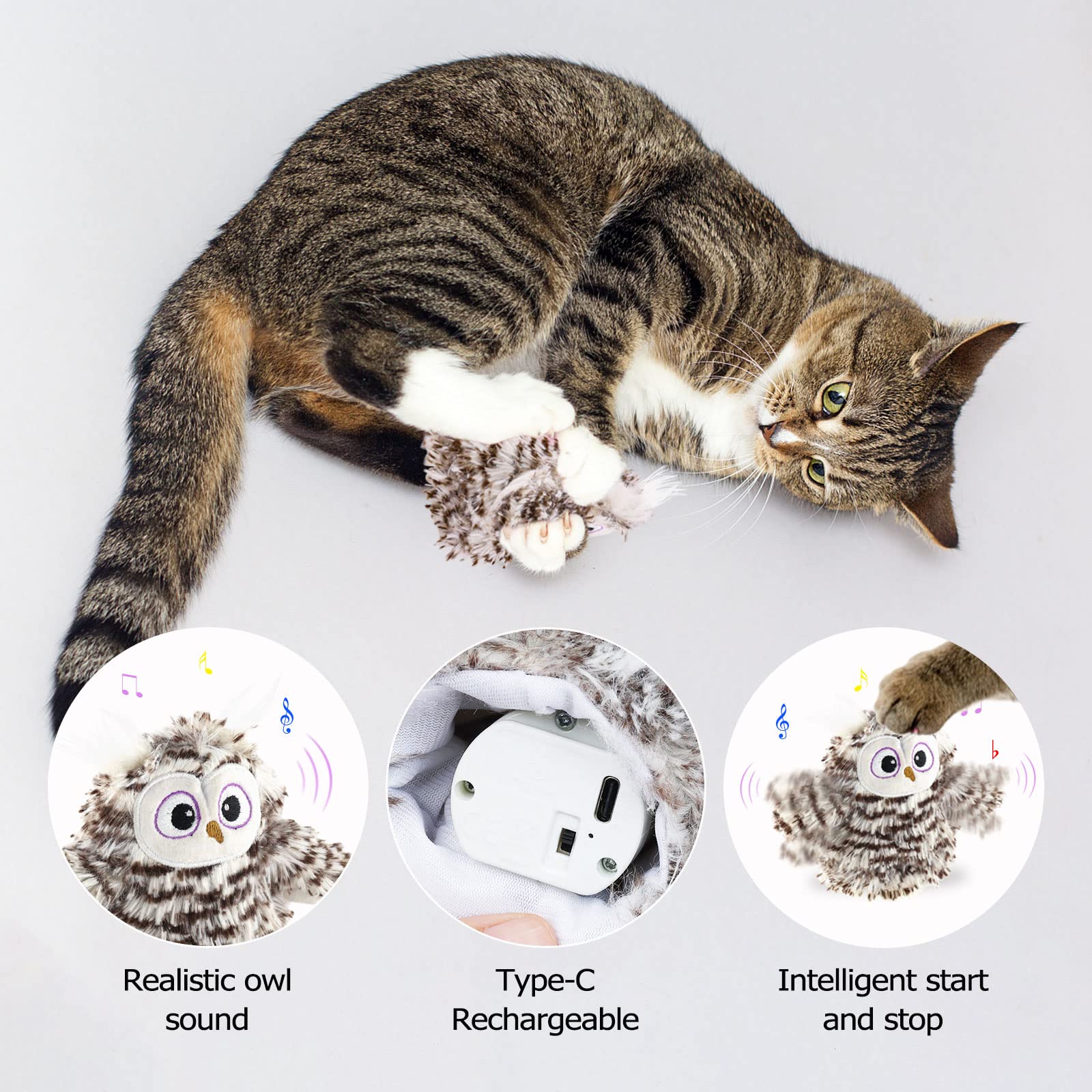 Interactive Flapping Wings Owl Cat Toys,Bird Sound Catnip Toys For Cats,Rechargeable 3 Vibration Modes Indoor Cat Toy,For Preven
